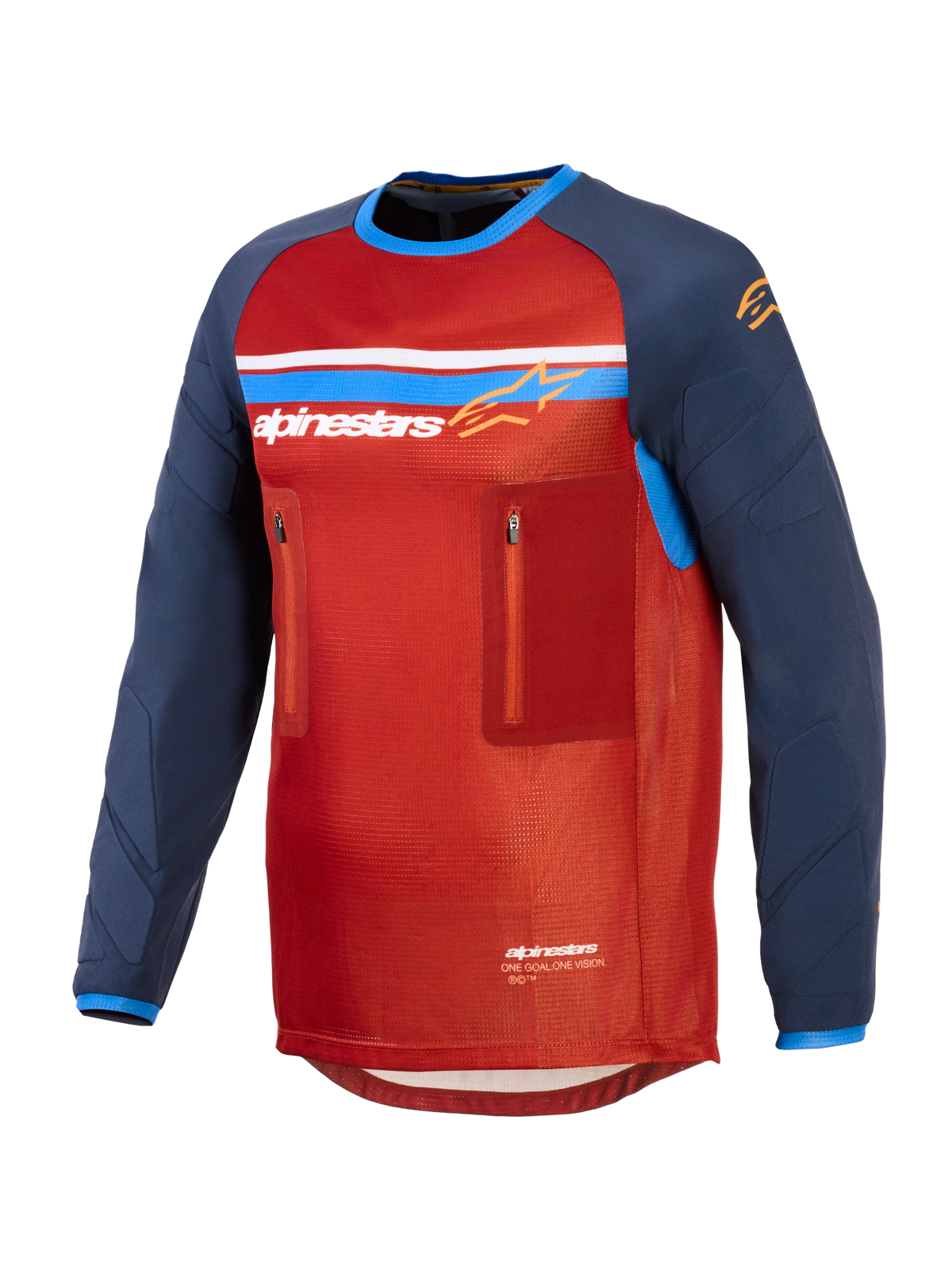 Alpinestars Maxdura Dual Jersey, rouge et bleu foncé, maillot technique de moto d'aventure doté d'un torse en maille, deux poches poitrine zippées, logo Alpinestars avec des rayures bleues et blanches, et manches longues résistantes à l'abrasion.