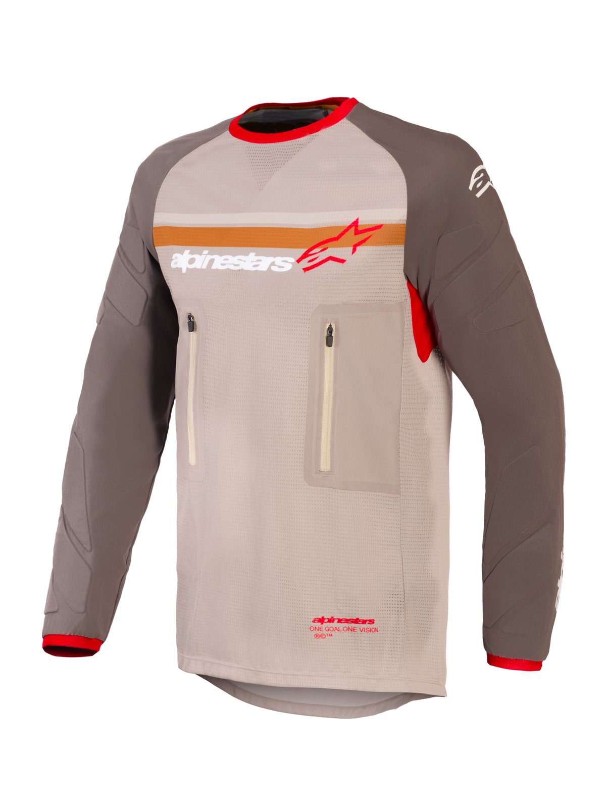 Alpinestars Maxdura Dual Jersey, adventure- en dual-sport motorjersey, Aluminum Walnut en bruin, mesh torso met slijtvaste mouwen, dubbele borstzakken met rits, oranje streep en Alpinestars-logo op de borst, rode afwerking aan de kraag en manchetten