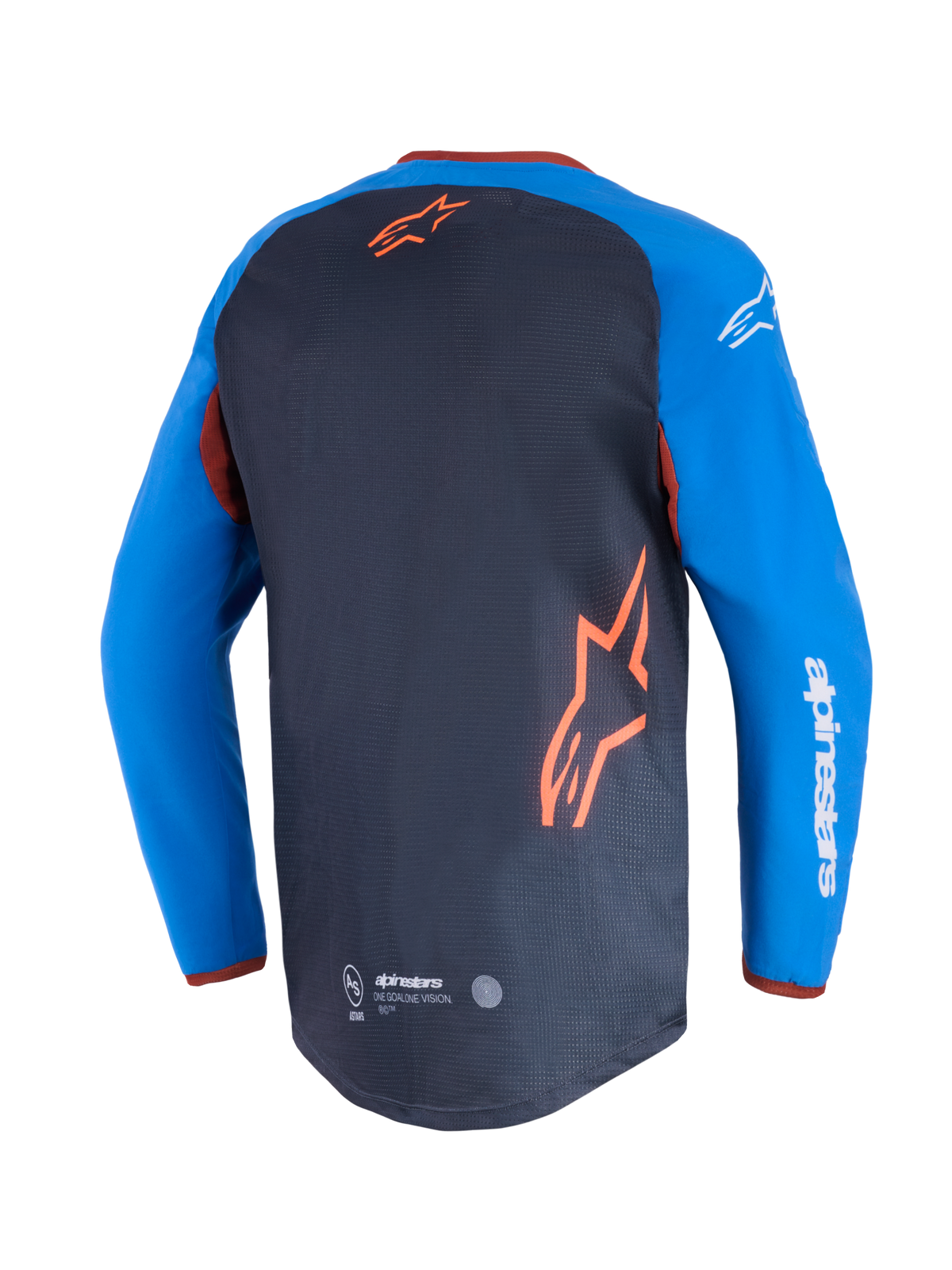 Alpinestars Maxdura Dual Jersey, maillot de moto, gris foncé et bleu royal, vue arrière montrant le panneau de torse en maille et le logo étoile orange, manches bleu royal avec texte Alpinestars blanc, ourlet arrière abaissé pour la performance tout-terrain