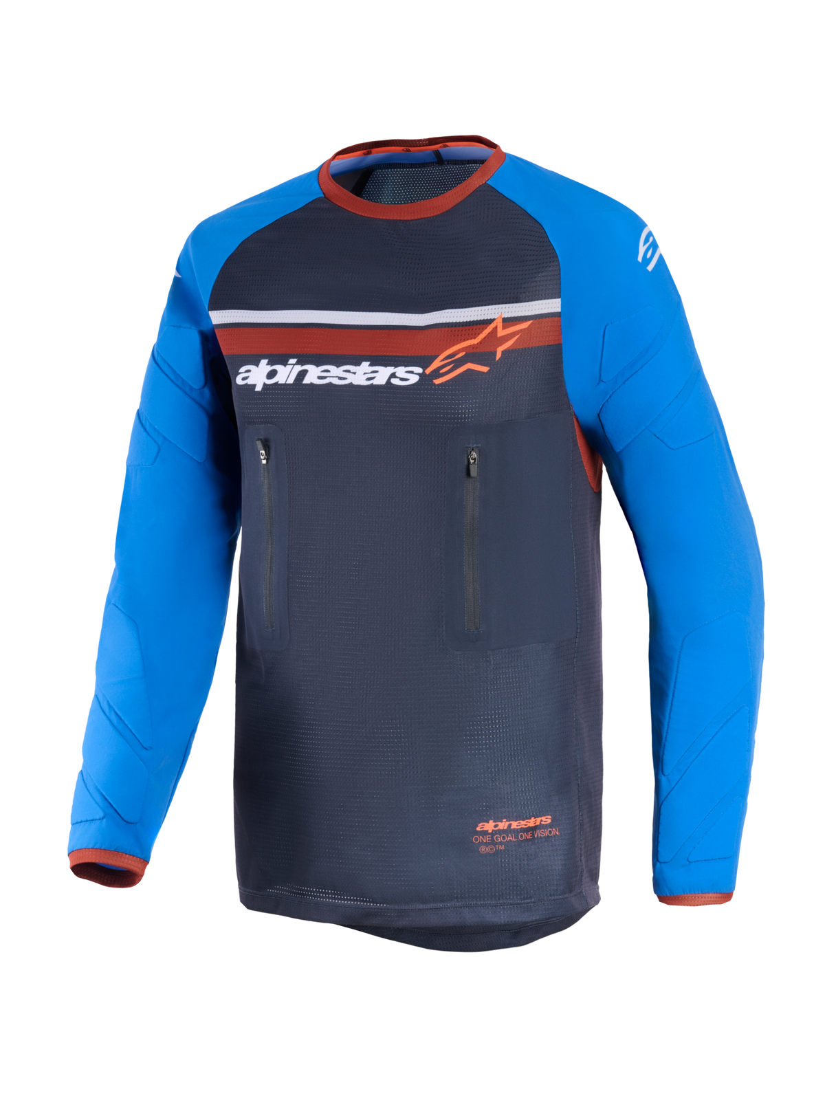 Alpinestars Maillot Maxdura Dual, gris foncé et bleu roi, maillot de moto dual-sport avec torse en maille, manches longues résistantes à l'abrasion, motifs de renfort, accents orange et deux poches poitrine zippées verticales