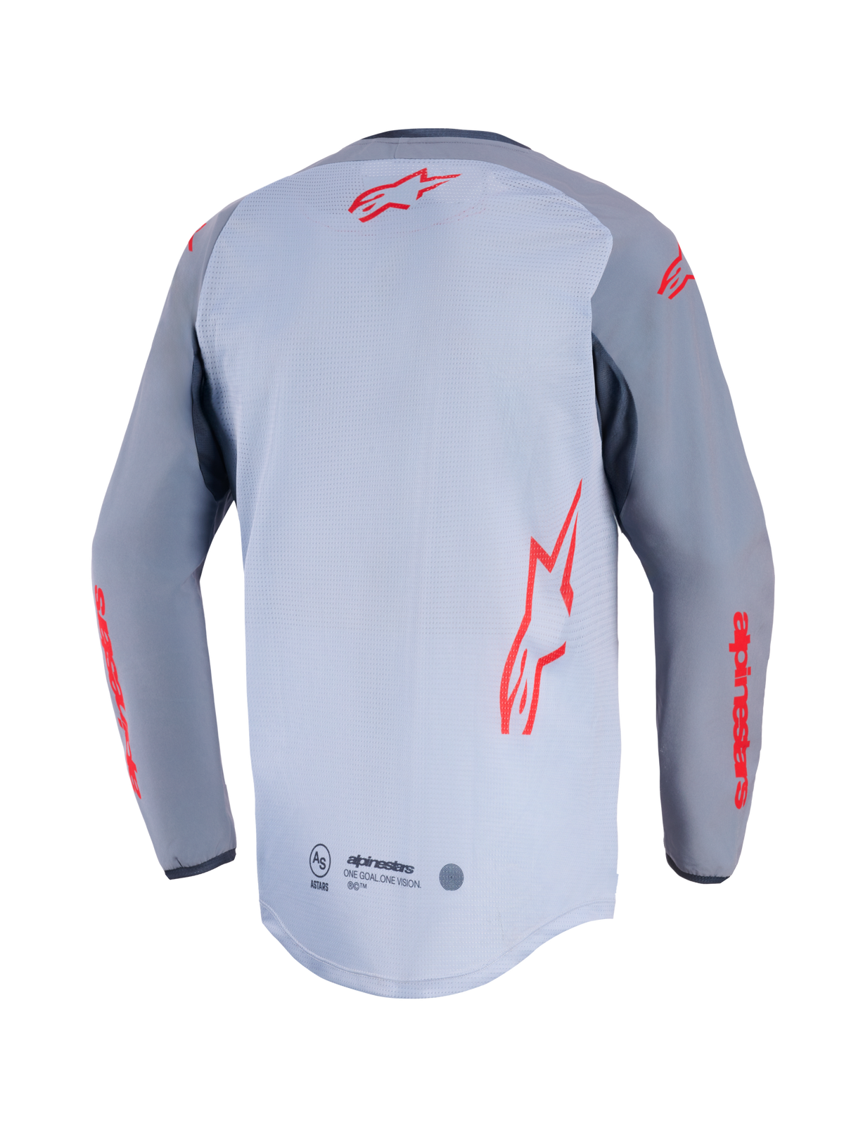 Alpinestars Maxdura Dual Jersey, vue arrière, gris moyen et gris foncé, logos Alpinestars rouges au dos et sur les manches, torse en maille et pan arrière allongé.