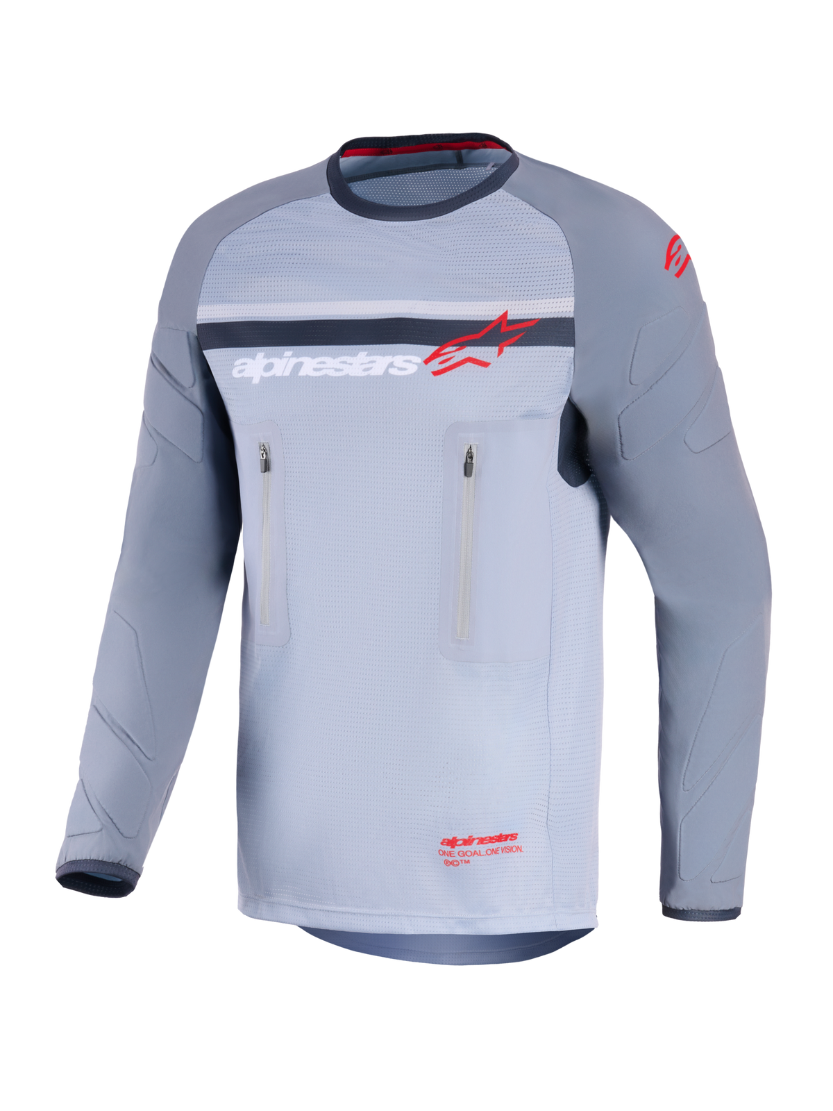 Alpinestars Maxdura Dual Jersey, maillot de moto d'aventure, gris moyen et gris foncé, vue de face avec poches poitrine verticales zippées, manches résistantes à l'abrasion avec rembourrage intégré, logo Alpinestars en rouge et blanc, équipement de performance pour le tout-terrain