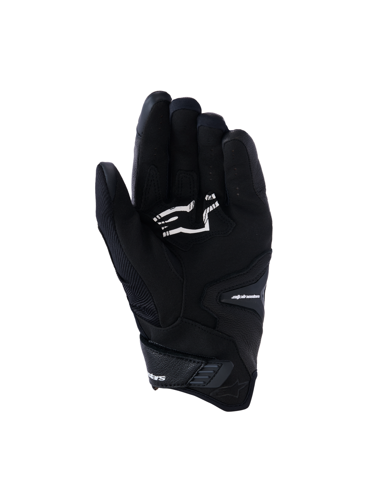 Alpinestars SP-R Pro Handschuhe, schwarze Motorradhandschuhe mit kurzer Stulpe, Handflächenansicht mit Griffverstärkungen und weißem Alpinestars-Logo, entwickelt für sportliches Fahren