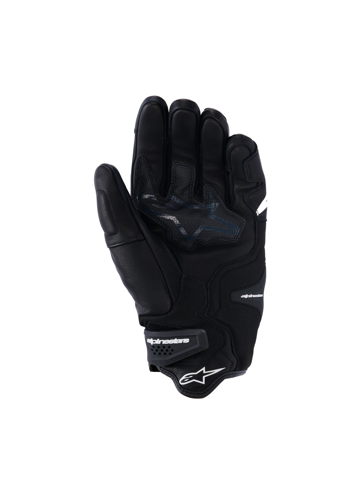 Alpinestars SP-R Tech handschoenen, zwarte leren motorhandschoenen, handpalmaanzicht met versterkte gripzones en sterlogo, elastische pols met Alpinestars-branding, sportieve rijuitrusting met constructie van geitenleer