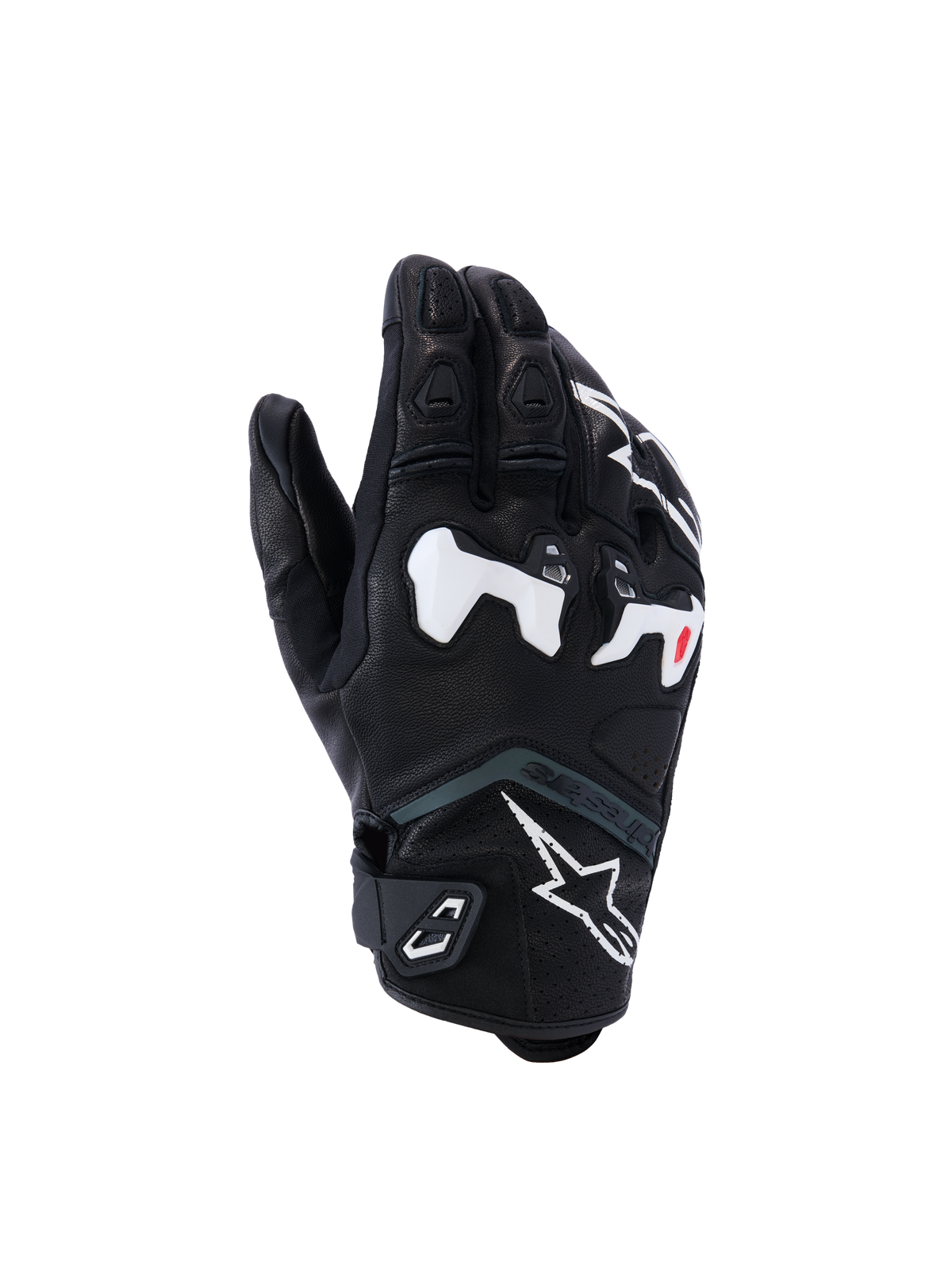 Alpinestars SP-R Tech handschoenen, motorracehandschoenen, zwart met witte en rode accenten, versterkte knokkelbescherming, gestructureerd oppervlak met gewatteerde vingers, klittenband polsband, modern sportief ontwerp