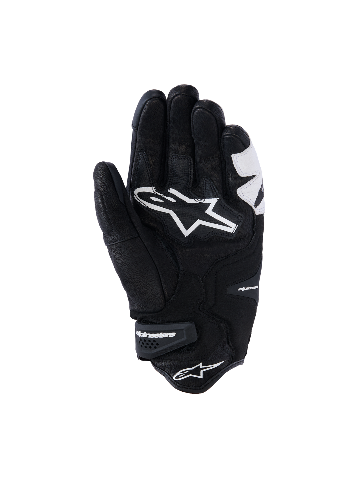 Alpinestars SP-R Tech handschoenen, zwart en wit, palmweergave met versterkte lederen constructie, groot wit Alpinestars-logo op de handpalm en een korte manchet met klittenbandsluiting met merknaam, sport- en racemotorhandschoenen
