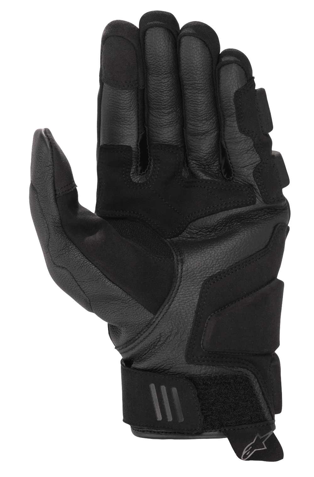Alpinestars Phenom Lederhandschuhe, Motorradhandschuhe, Schwarz, Ansicht der Handfläche mit verstärkter Ziegenlederkonstruktion, gepolsterten Aufprallzonen und kurzem Manschettendesign mit verstellbarem Handgelenkriemen und Alpinestars-Logo-Zuglasche