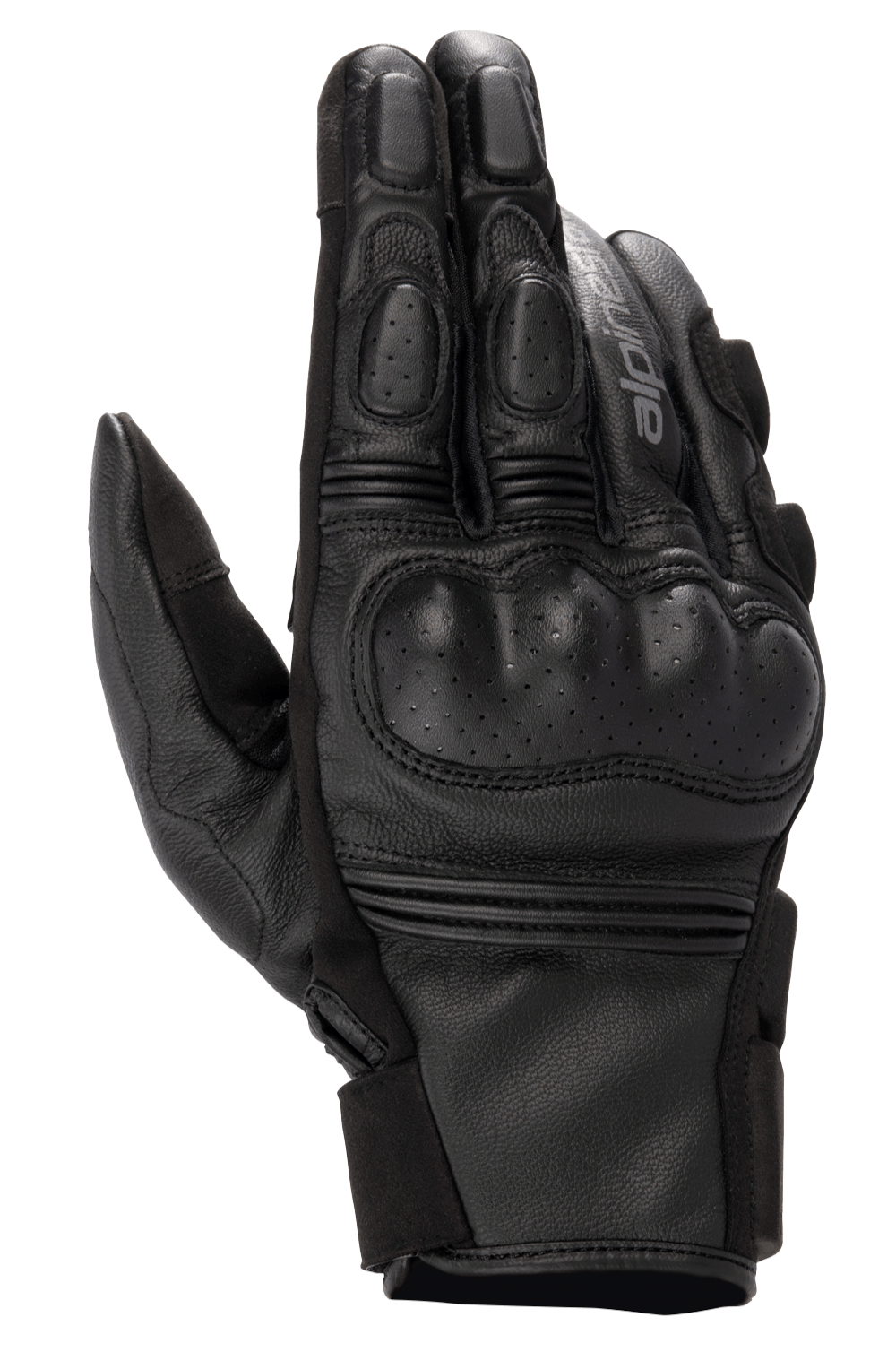 Alpinestars Phenom Lederhandschuhe, Motorradhandschuhe, Schwarz, Draufsicht mit perforiertem Hartschalen-Knöchelschutz, verstärkten Fingern, Akkordeon-Stretcheinsätzen und hochwertiger Ziegenlederkonstruktion.