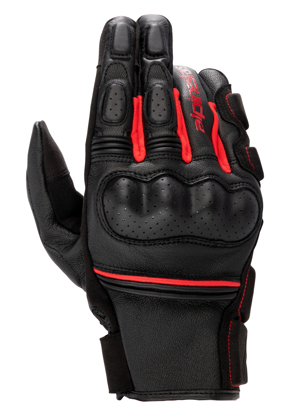 Alpinestars Phenom leren handschoenen, motorracehandschoenen, zwart met felrode accenten, geperforeerde harde knokkelbescherming, constructie van premium geitenleer, rode accordeon stretch-inzetstukken en Alpinestars-branding op de zijkant.