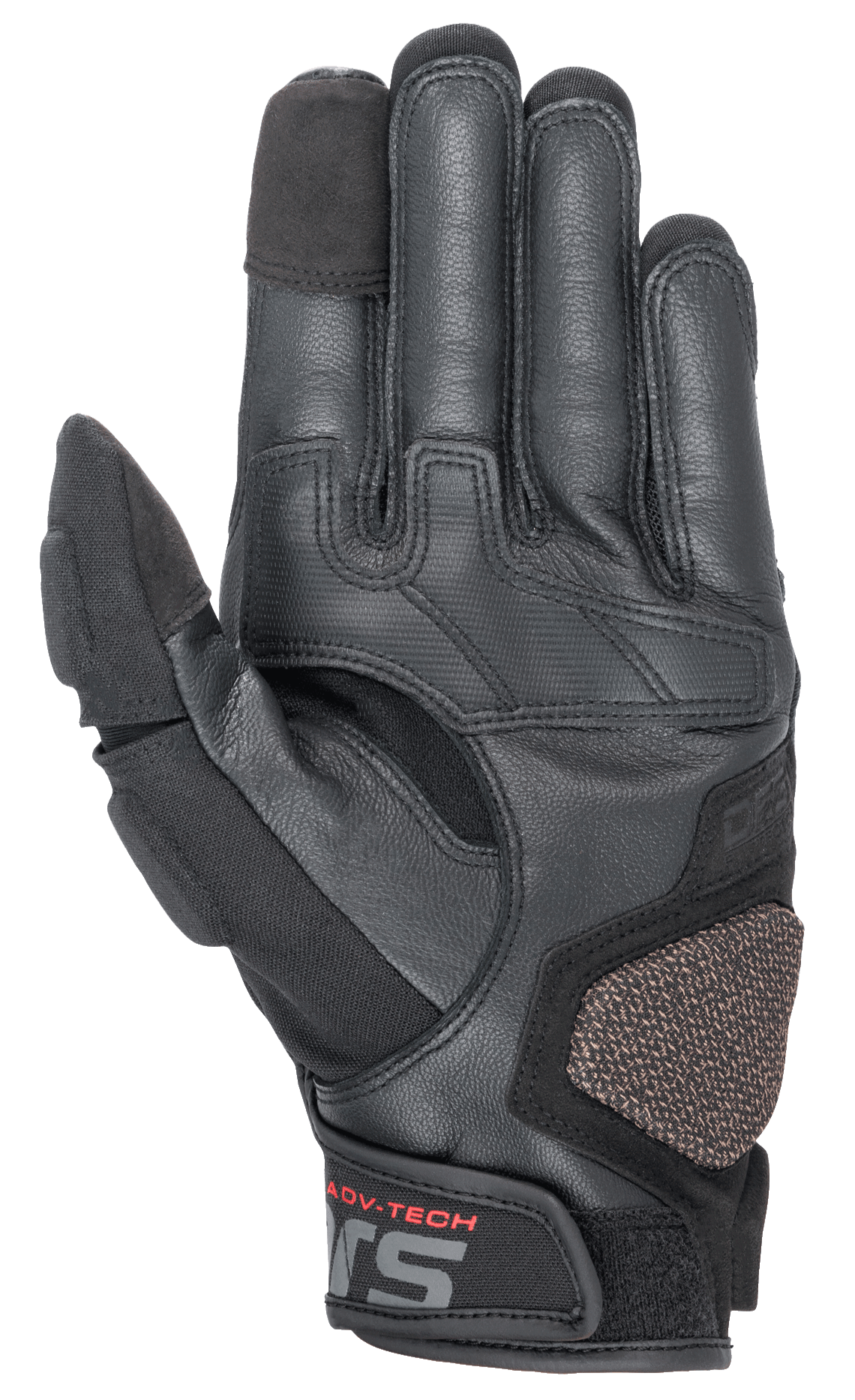Alpinestars Halo Leren Handschoenen, adventure motorhandschoenen, zwart, zicht op de palmzijde met leer- en textielconstructie, versterkte ARshield landing pad, rubberen grip en touchscreen-vriendelijke vingertoppen