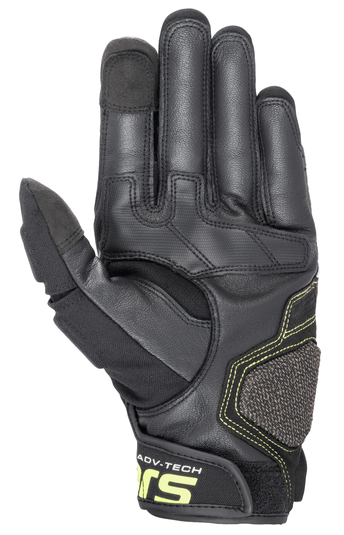 Alpinestars Halo Leren Handschoenen, adventure motorhandschoenen, Forest Black en Yellow Fluo, zijaanzicht van de handpalm met versterkte lederen constructie, fluoriserend gele stiksels en touchscreen-compatibele wijsvinger- en duimtoppen.