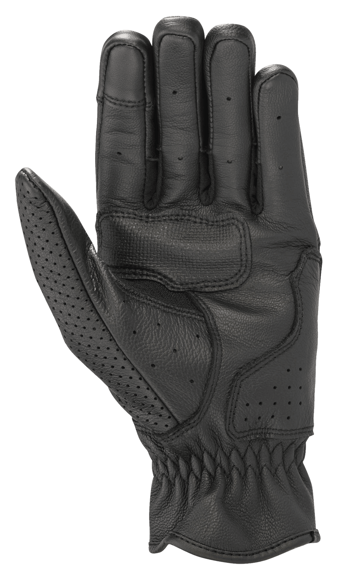 Alpinestars Rayburn V2 leren handschoenen, zwart, handpalmaanzicht, premium lederen constructie met handpalmversterking voor grip, gelokaliseerde perforaties op de vingers en duim, op erfgoed geïnspireerde stedelijke motorhandschoenen