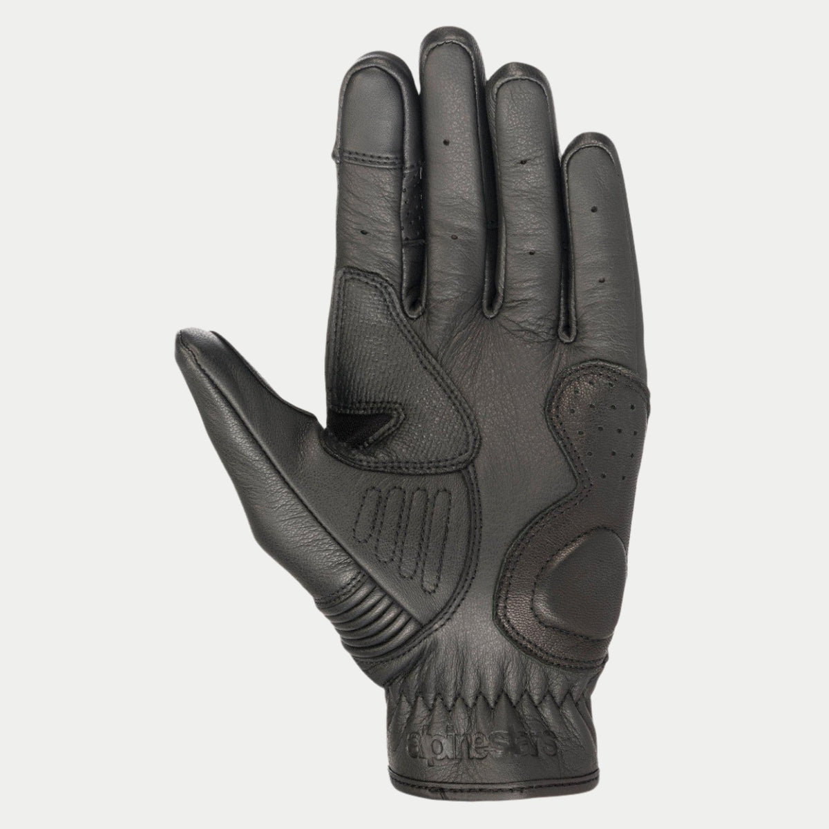 Alpinestars Crazy Eight Handschuhe, Motorradhandschuhe, Schwarz, Innenansicht der Handfläche mit verstärkter Lederkonstruktion, texturierten Grip-Einsätzen an Handfläche und Daumen sowie geprägtem Branding am Handgelenksbündchen