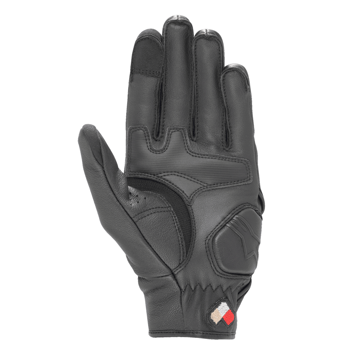 Alpinestars Dyno Lederhandschuhe, Schwarz, Handflächenansicht mit gepolsterten Verstärkungen und Ziegenlederkonstruktion, touchscreenkompatible Fingerspitzen, kurzer Straßenhandschuh für den urbanen Einsatz