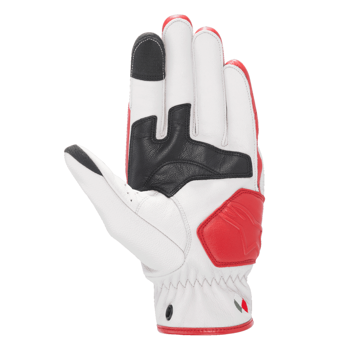 Gants en Cuir Dyno Alpinestars, gants de moto en cuir, écru et rouge rubis, vue de la paume avec renforts en cuir noir, zone d'atterrissage rembourrée rouge, extrémités de l'index et du pouce compatibles avec les écrans tactiles, construction durable en cuir de chèvre pour la conduite urbaine.