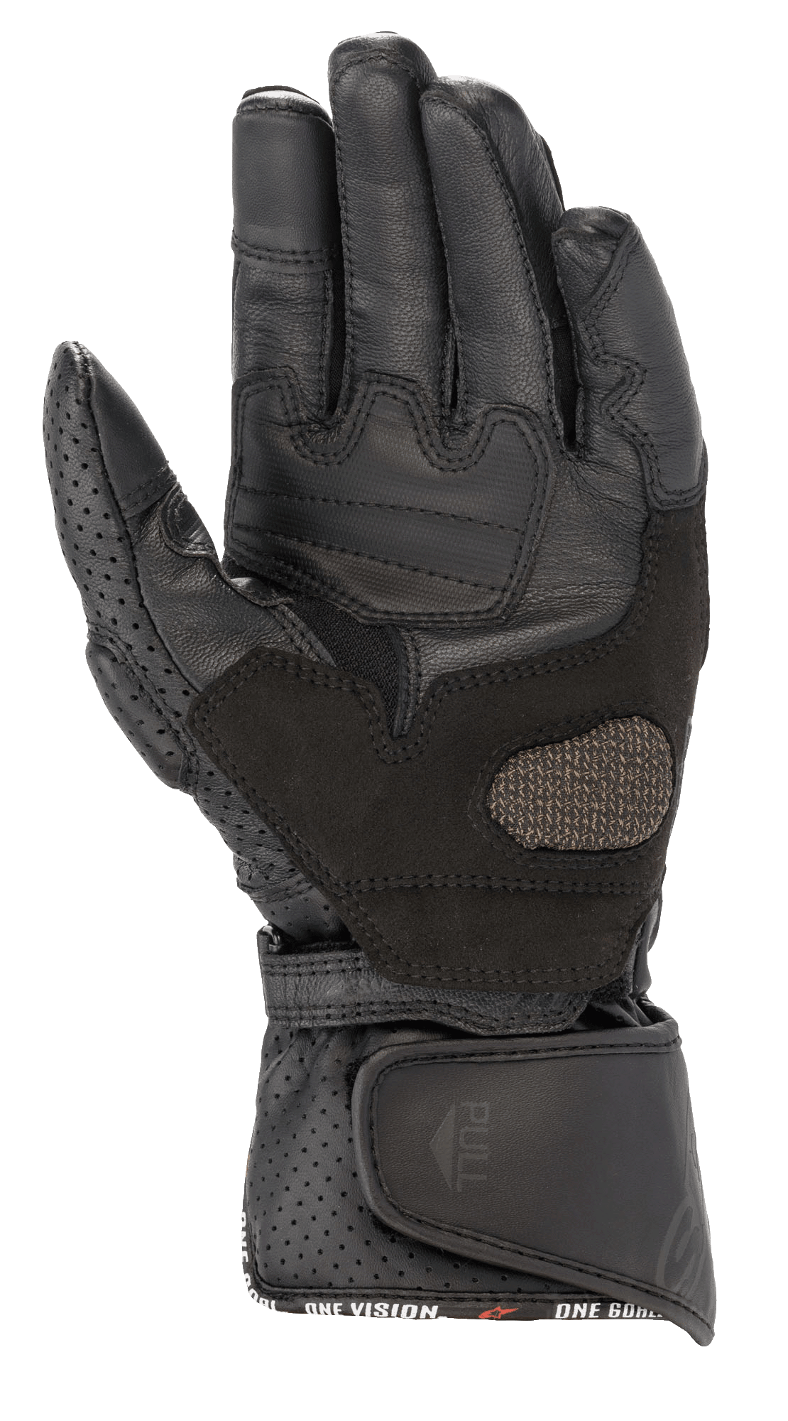 Gants Alpinestars Stella SP-8 V3 pour femme, gants de moto, noir, vue de la paume montrant les panneaux en cuir renforcés et les détails perforés, large fermeture de poignet réglable avec languette de tirage, équipement de protection haute performance pour femme