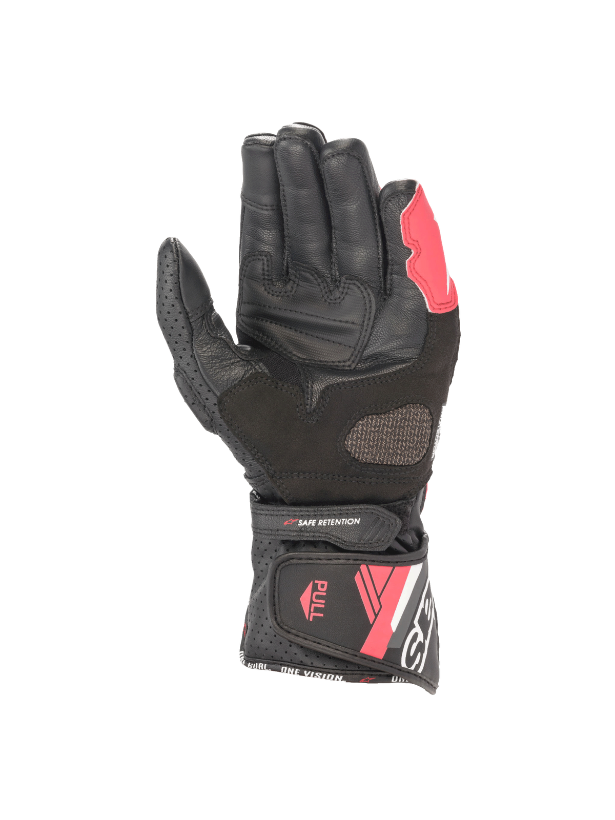 Alpinestars Stella SP-8 V3 dames-motorhandschoenen, handpalmzicht, zwart en diva roze, lederen constructie met Arshield-versteviging en klittenbandsluiting.