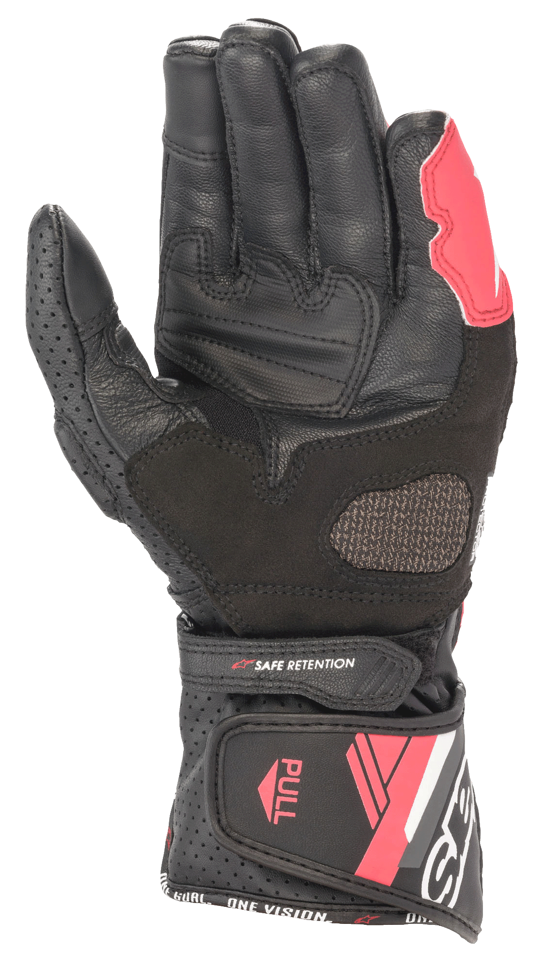Alpinestars Stella SP-8 V3 Damen-Lederhandschuhe, Schwarz Weiß Diva Pink, Handflächenansicht mit Lederkonstruktion, verstärkten Grip-Zonen, perforierten Einsätzen und verstellbarem Manschettenverschluss.