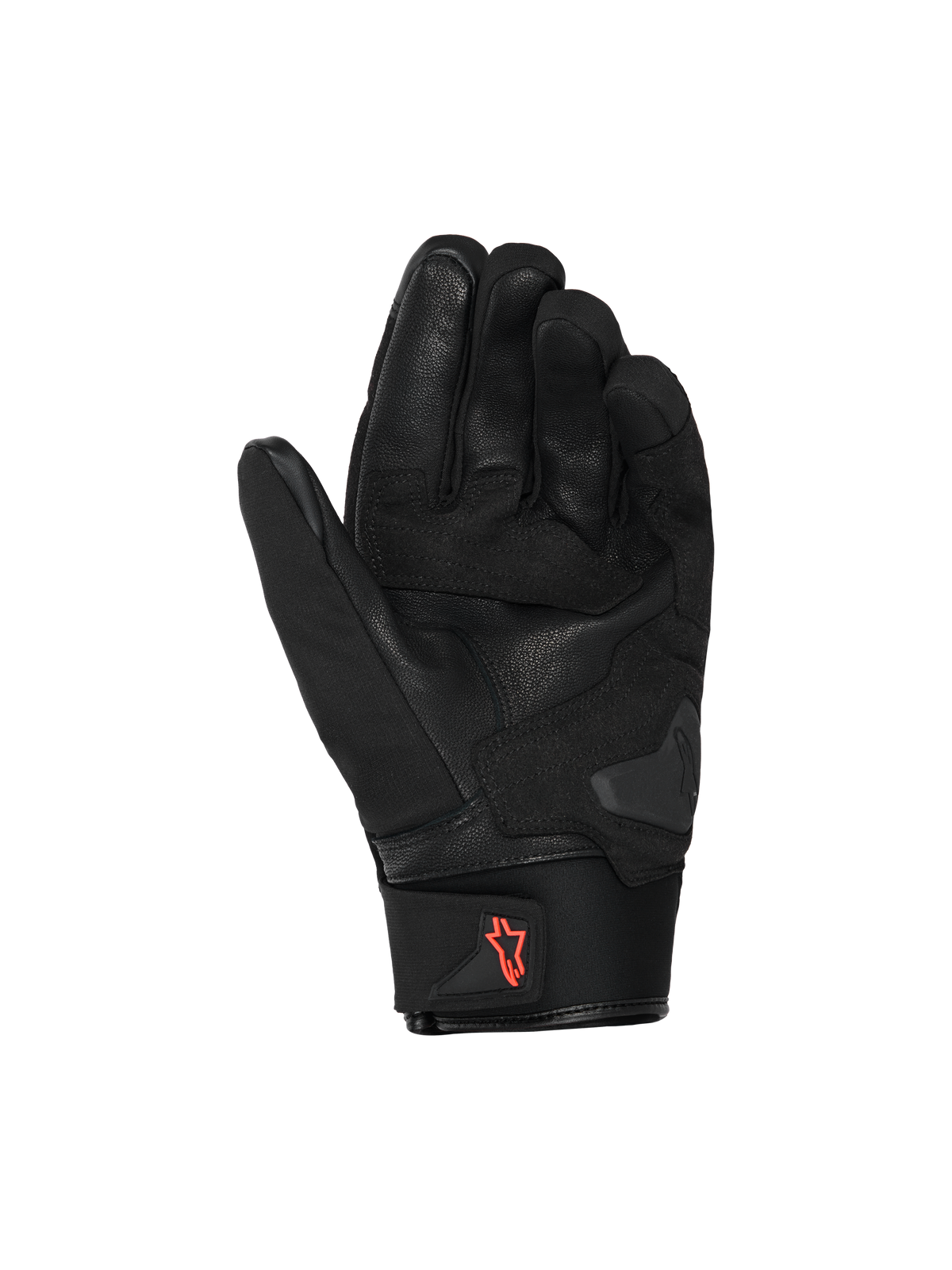 Alpinestars SP X Z Waterproof handschoenen, motorhandschoenen, zwart met rood fluo logo, handpalmweergave met leren constructie en versterkte gripzones, neopreen manchet met treklus, hoogwaardige motorkleding voor straatgebruik