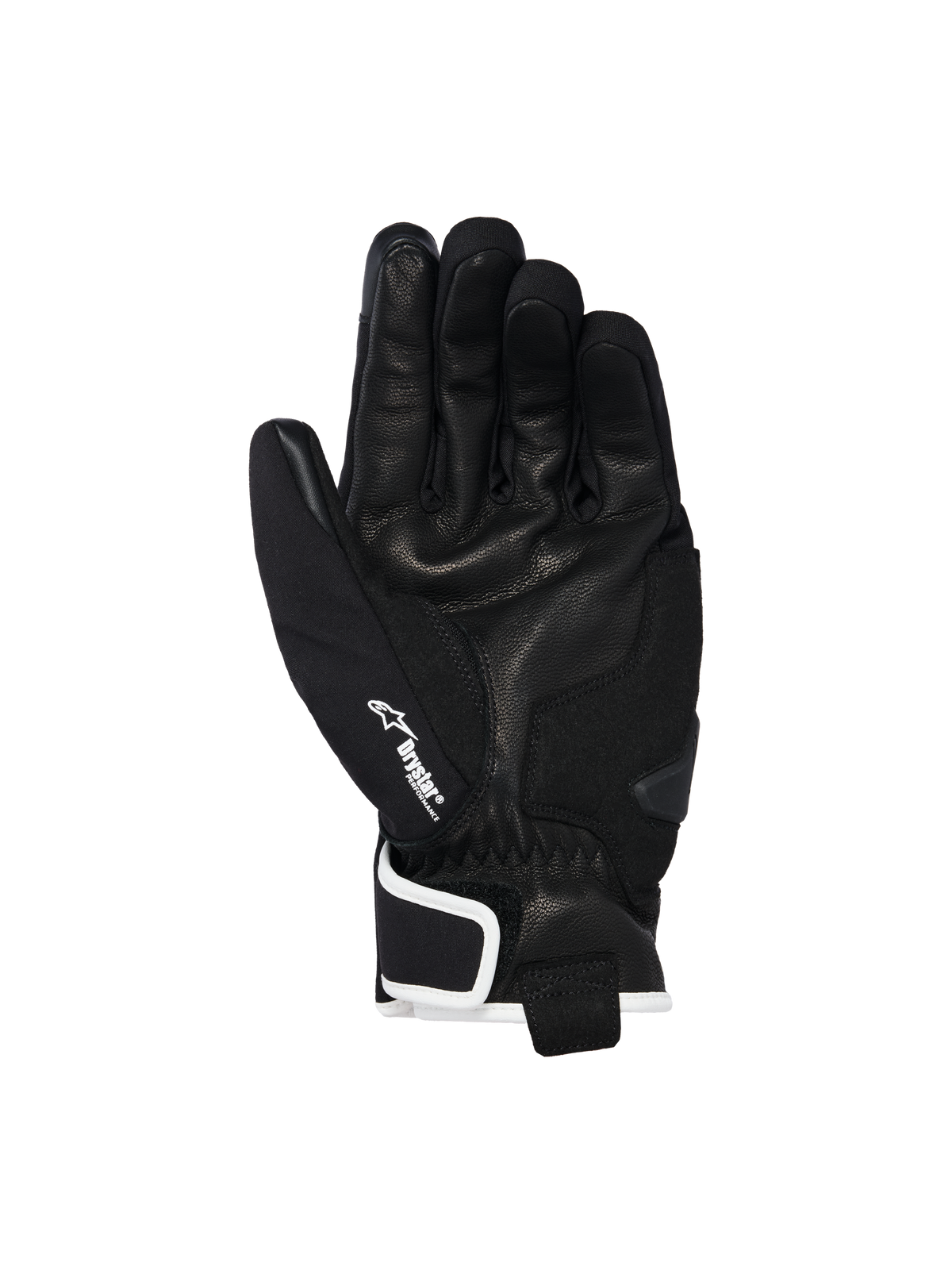 Gants étanches Alpinestars Moblast, noir avec finitions blanc cassé, vue de la paume montrant la construction en cuir de chèvre, logo Drystar blanc sur le pouce et renfort de slider de paume, équipement de moto urbain à manchette courte