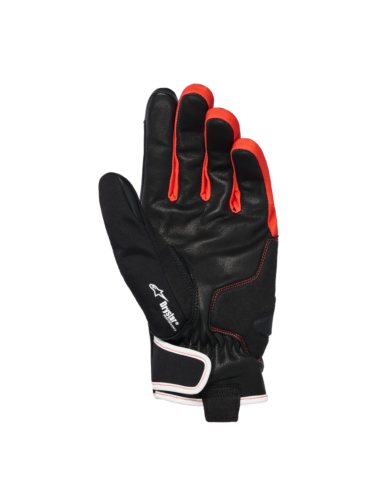 Alpinestars Moblast wasserdichte Handschuhe, Schwarz Anthrazit Orange, Handflächenansicht mit Ziegenleder-Konstruktion, Drystar-Logo, leuchtend orangefarbene Akzente zwischen den Fingern und Kurzmanschetten-Design mit weiß eingefasstem Handgelenkverschluss