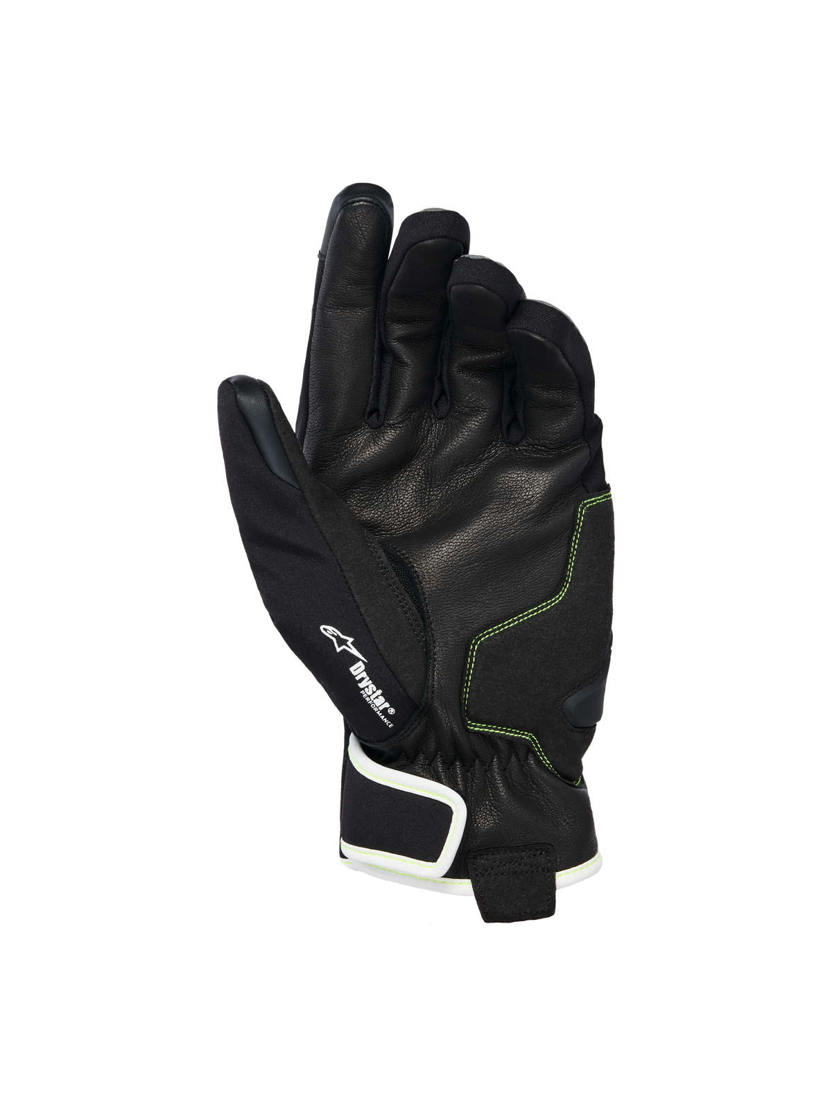 Alpinestars Moblast Wasserdichte Handschuhe, Handflächenansicht mit schwarzem Ziegenleder und schwefelgelben Nähten, Drystar® Logo-Detail, kurzstulpige Motorradhandschuhe für urbanes Pendeln bei jedem Wetter
