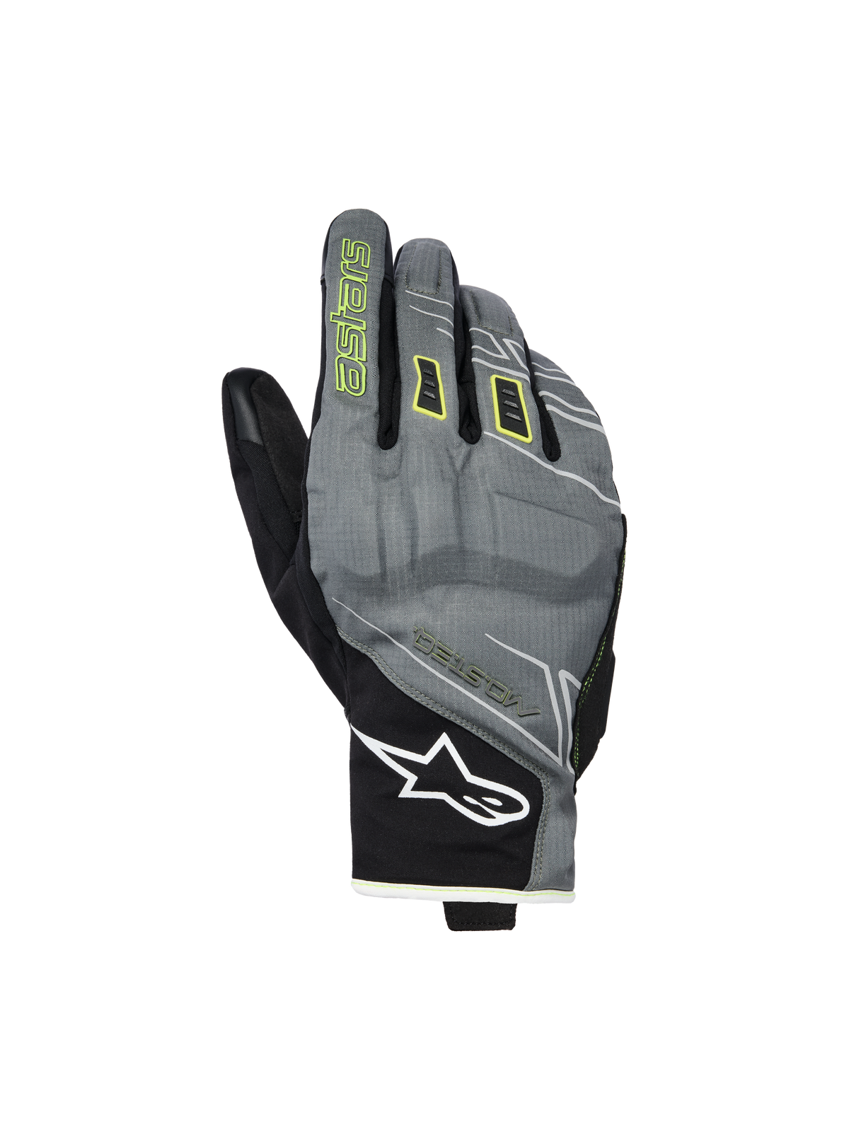 Alpinestars Moblast wasserdichte Handschuhe, Motorradhandschuhe, Fur Gray und Schwarz mit Sulphur Yellow Akzenten, urbanes Kurzstulpen-Design, weißes Astar-Logo am Handgelenk, neongelbes Branding auf dem Zeigefinger, wasserdichte Drystar-Performance für die Übergangszeit