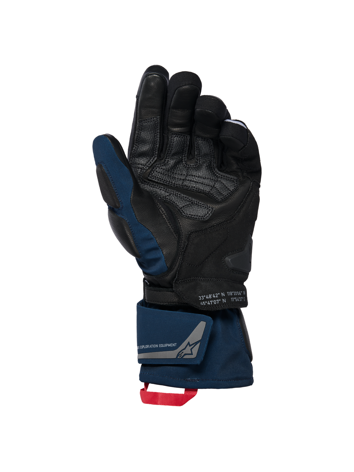 Alpinestars WT-8 GORE-TEX isolierte Handschuhe, Schwarz und Dunkelblau, Handflächenansicht mit Lederverstärkungen und gepolstertem Slider, Design mit langer Stulpe, doppeltem Handgelenkverschluss und roter Zugschlaufe, mit Koordinatendetails und Exploration Equipment Branding.