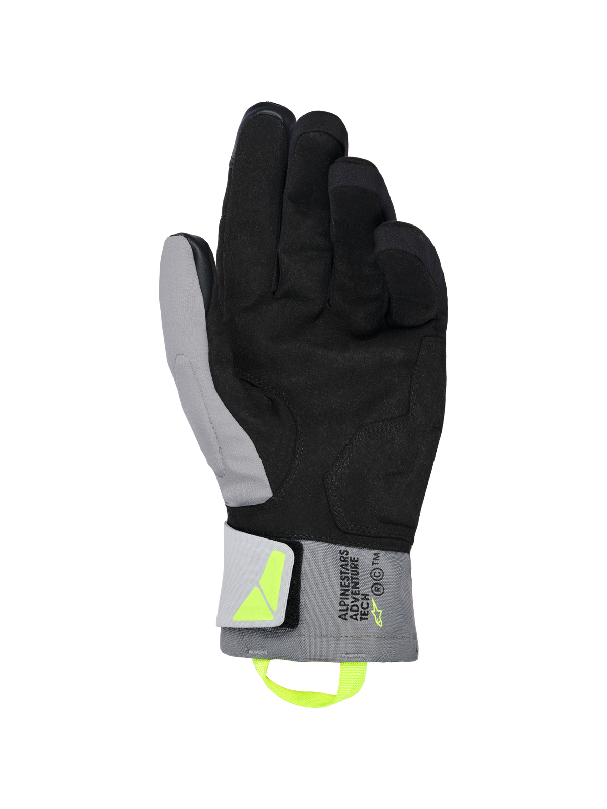 Gants Alpinestars XT-3 Drystar® Thermiques, gants de moto noir et gris foncé, vue de la paume montrant du daim noir souple et du textile gris, tirette et logo jaune fluorescent, marquage « ALPINESTARS ADVENTURE TECH » sur la manchette, imperméables et isolés pour la conduite d'aventure