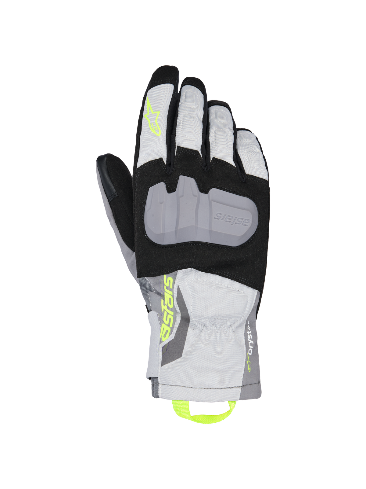 Gants isolés Alpinestars XT-3 Drystar, gants de moto touring, noir, gris et blanc, avec une large coque de protection grise, logo Astars et boucle de traction jaune fluo, construction textile imperméable et manchette mi-longue