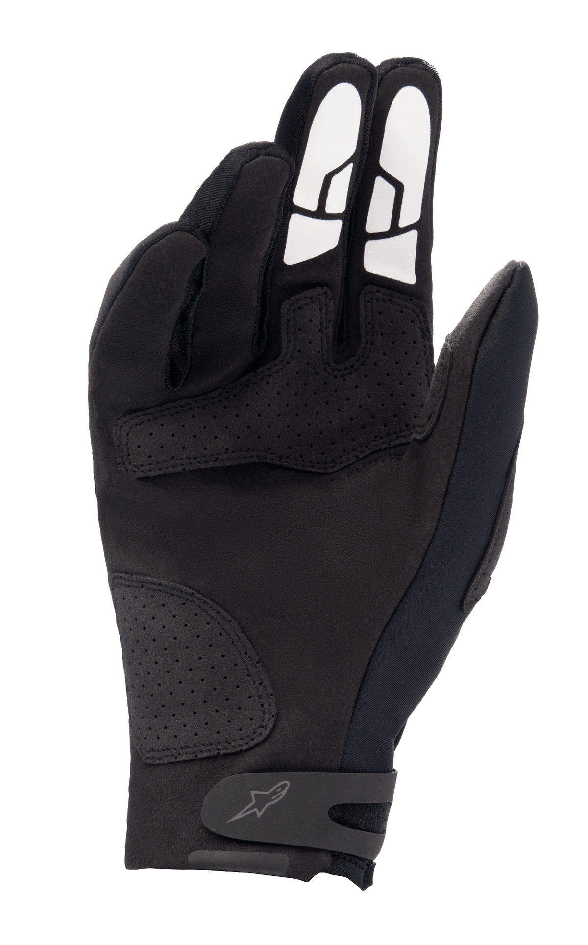 Alpinestars Thermo Shielder handschoenen, zwarte motorcross handschoenen, binnenzijde handpalm toont synthetisch suède constructie, geperforeerde verstevigingsstukken, witte siliconen grippatronen op de vingers en een stevige polssluiting met logo.