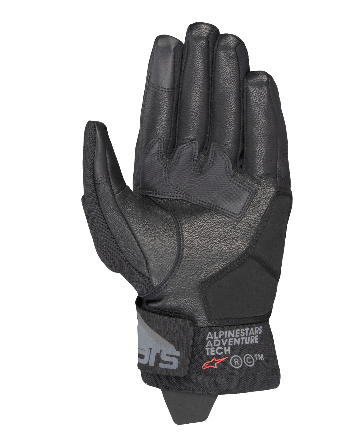 Alpinestars Corozal V3 Drystar® Handschuhe, Schwarz, Handflächenansicht mit Lederkonstruktion und verstärkten Einsätzen, kurze Stulpe mit Alpinestars Adventure Tech Branding, Touchscreen-kompatible Fingerspitzen, langlebige Allwetter-Adventure-Motorradausrüstung