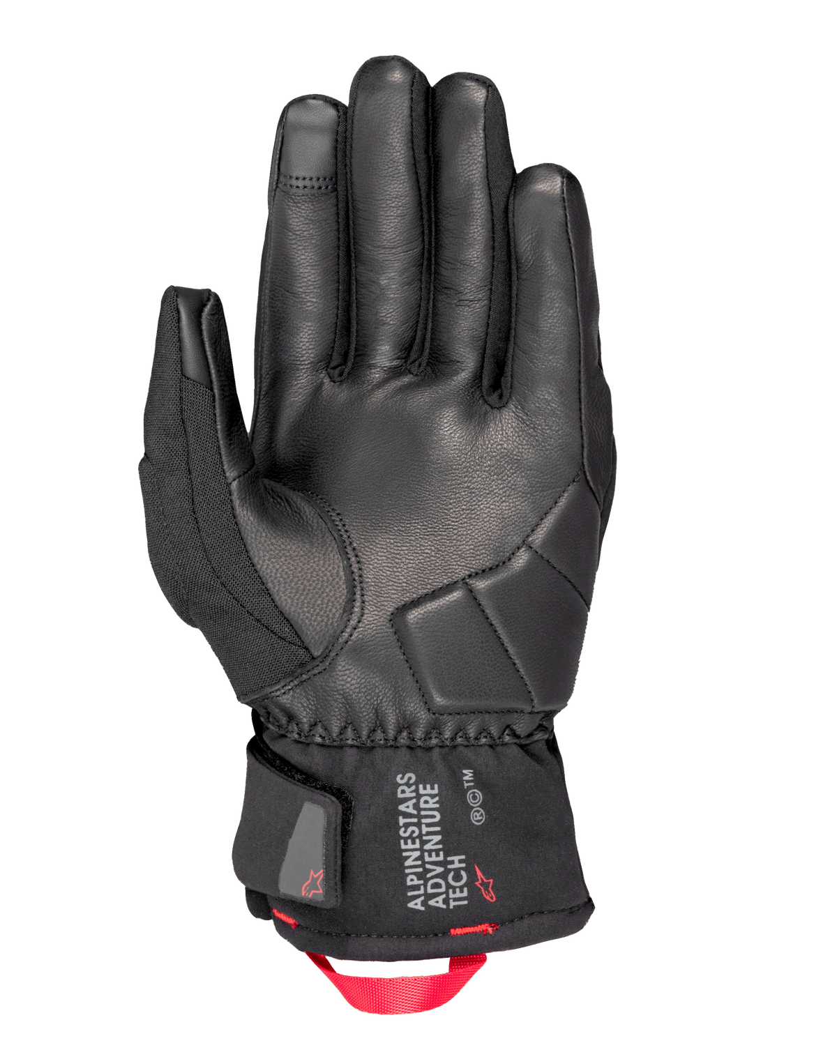 Alpinestars Crestone GORE-TEX Thermo-Handschuhe, Motorradhandschuhe, Schwarz, Handflächenansicht mit Lederkonstruktion, verstärkter Aufprallpolsterung, kurzer Manschette mit Alpinestars Adventure Tech Logo und leuchtend roter Zugschlaufe aus Gurtband