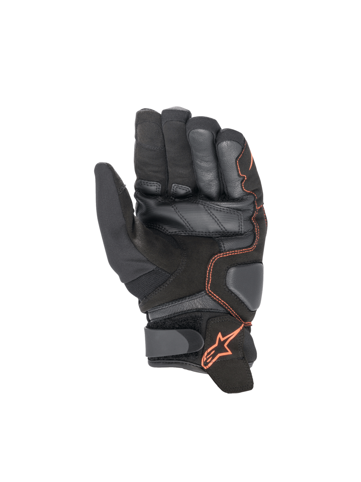 Alpinestars SMX-1 Drystar® Handschuhe, wasserdichte Motorradhandschuhe für Road Racing, Schwarz und Rot Fluo, Handflächenansicht mit verstärkter Lederhandfläche, gepolsterten Aufprallzonen und Klettverschluss, CE-zertifiziert
