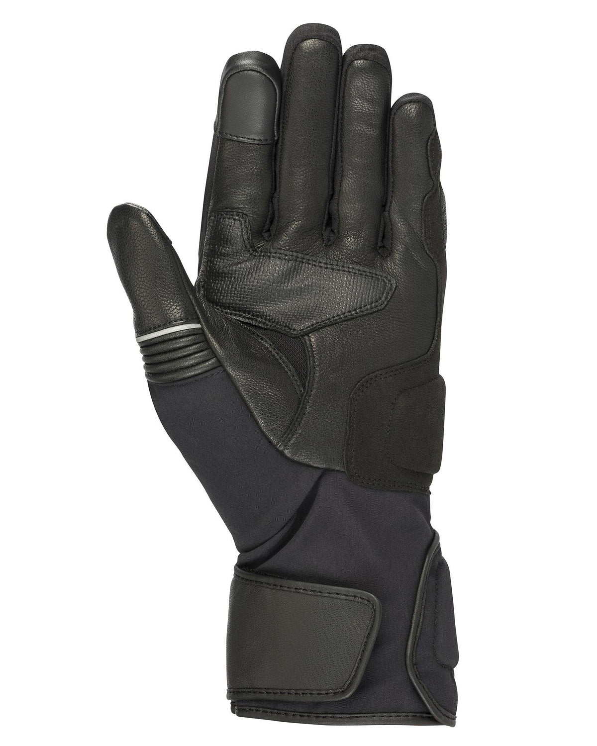Alpinestars Jet Road V2 GORE-TEX handschoenen, zwart, handpalmzicht met lederen constructie en versterkte vulling, lang manchet en touchscreen-compatibele vingertoppen voor adventure touring.