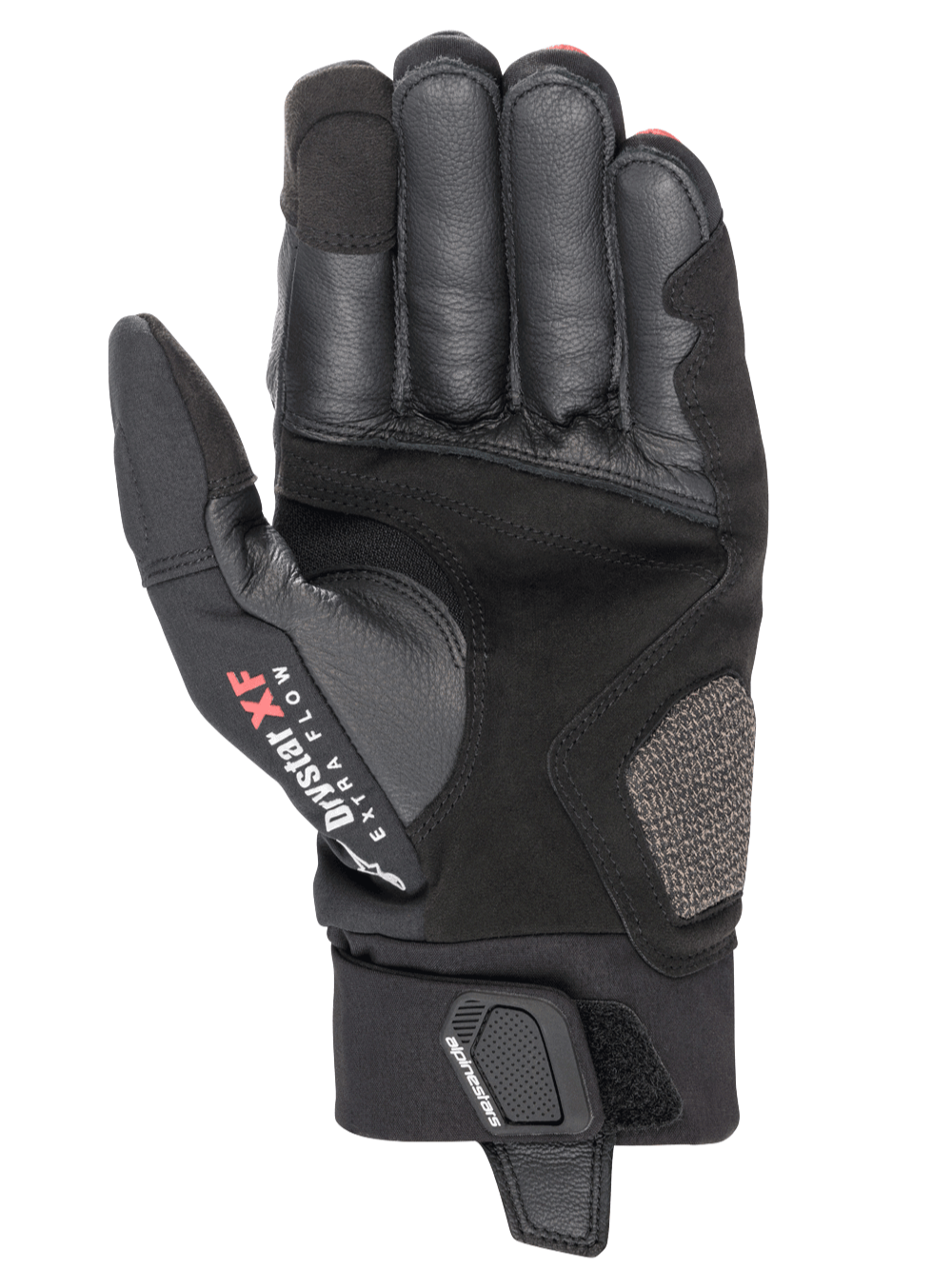 Alpinestars Hyde XT Drystar® XF handschoenen, motorhandschoenen, zwart en felrood, handpalmweergave met versterkte synthetische suède constructie, Drystar XF Extra Flow-branding op de duim en verstelbare polssluiting.