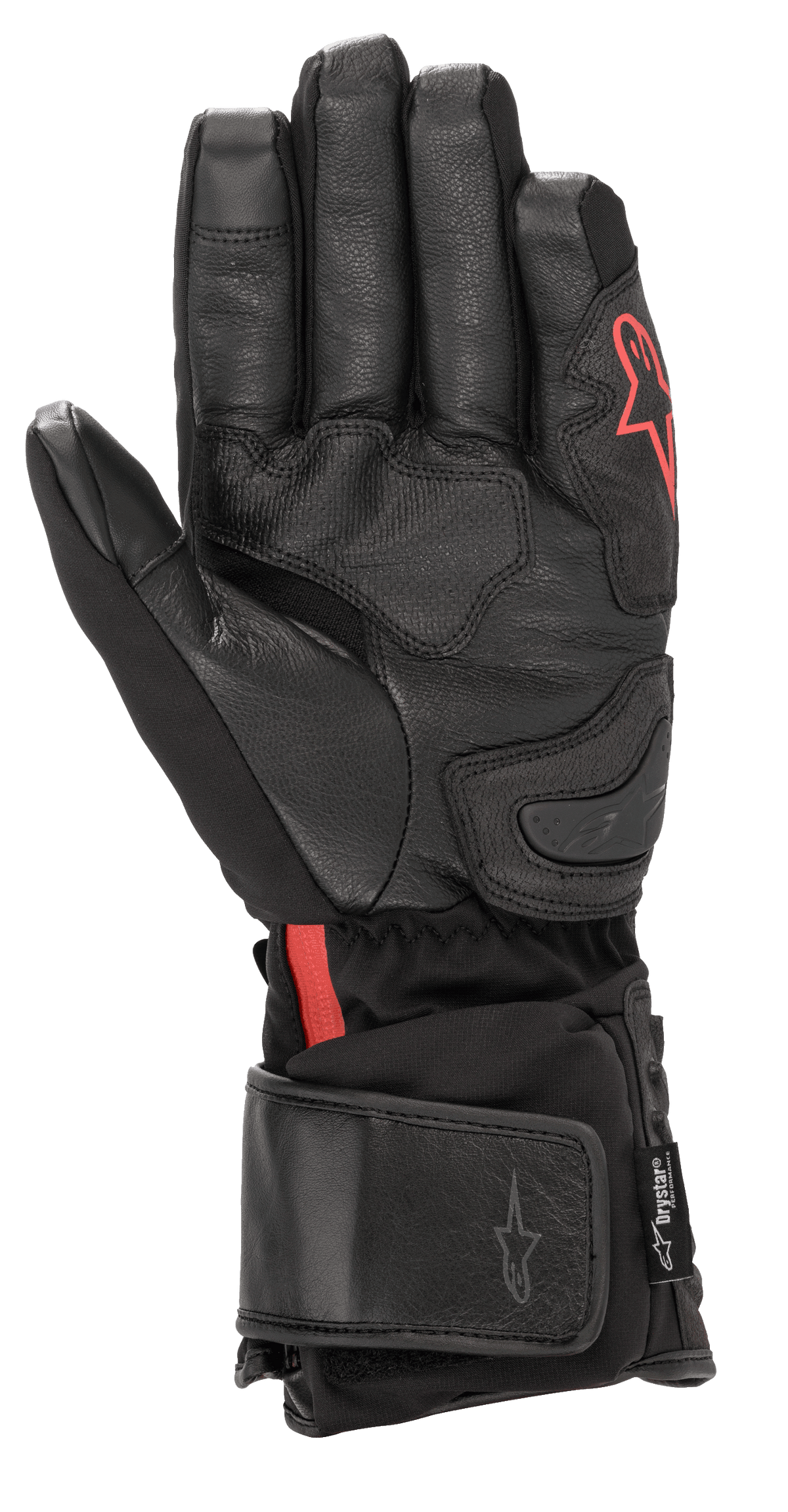 Alpinestars HT-7 Heat Tech Drystar® handschoenen, zwarte verwarmde motorhandschoenen, voorzien van lederen handpalm en softshell constructie met rood Alpinestars-logo, waterdichte Drystar® technologie en verstelbaar manchet voor rijden in koud weer