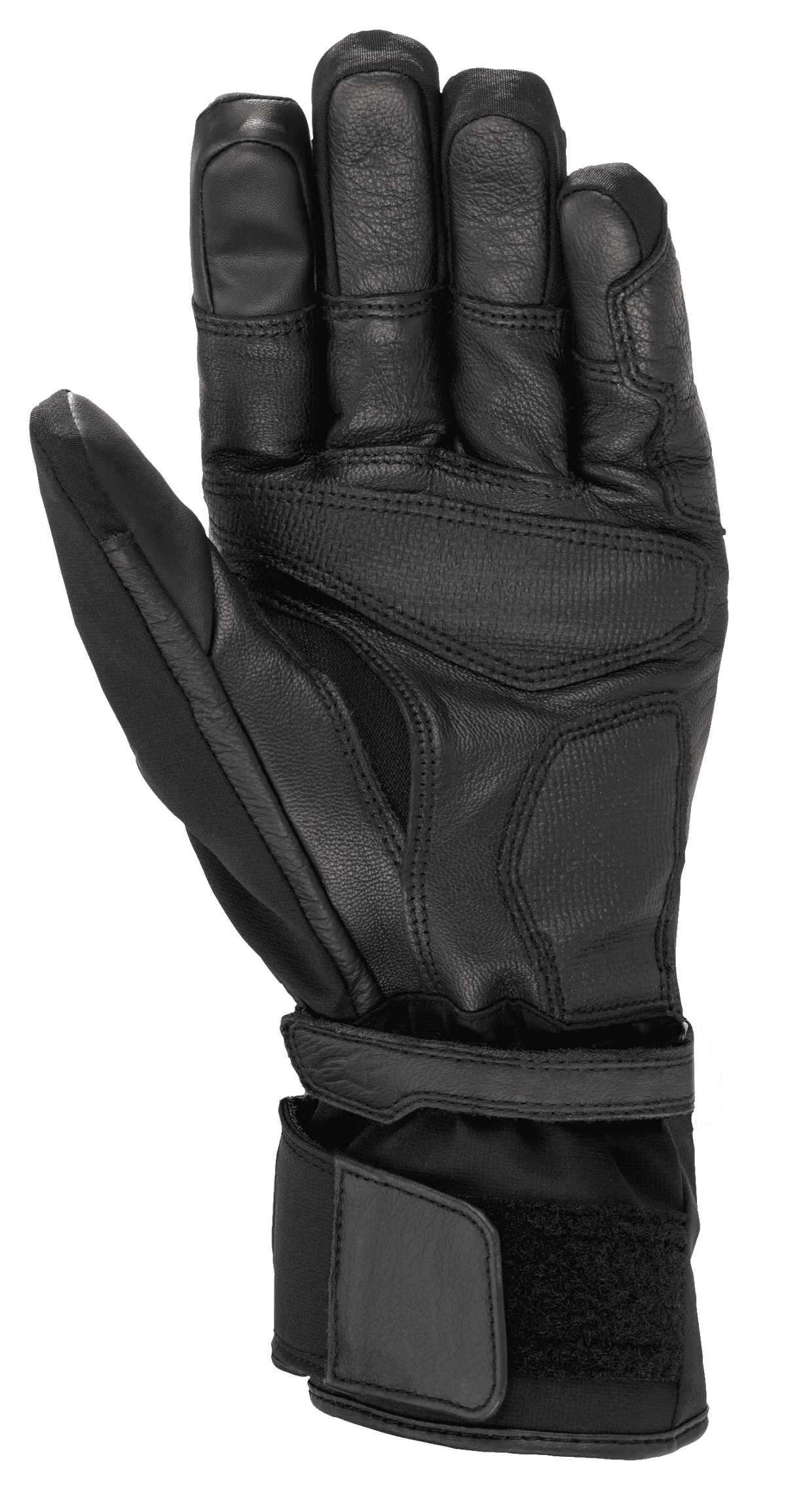 Alpinestars Range 2 In One GORE-TEX Handschuh mit Goregrip Tech, Motorradhandschuh, Schwarz, Handflächenansicht mit Ziegenlederkonstruktion, verstärkten Griffbereichen und langer Stulpe mit Klettverschluss für sicheren Sitz.
