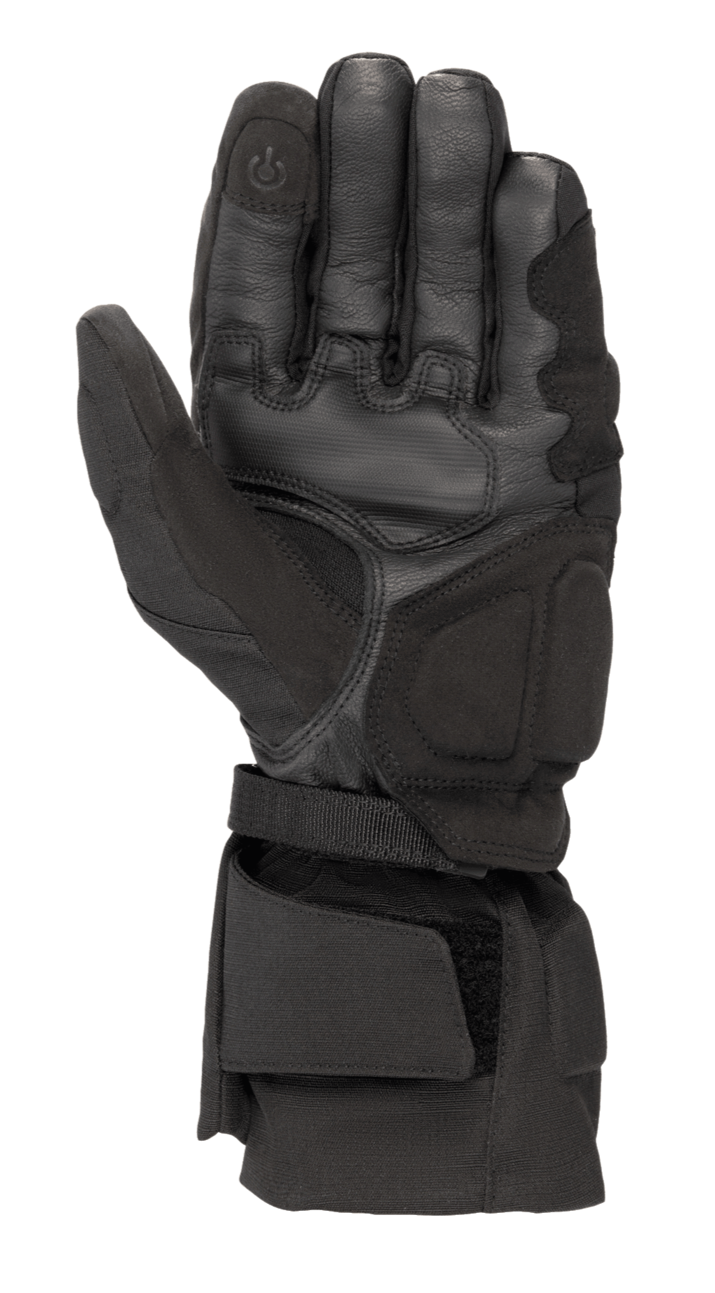 Alpinestars WR-X GORE-TEX Handschuhe, Schwarze Motorrad-Winterhandschuhe, Ansicht der Handfläche zeigt Konstruktion aus Leder und Kunstwildleder, lange Stulpe mit verstellbarem Riemen und leitfähiger, Touchscreen-kompatibler Fingerspitze.
