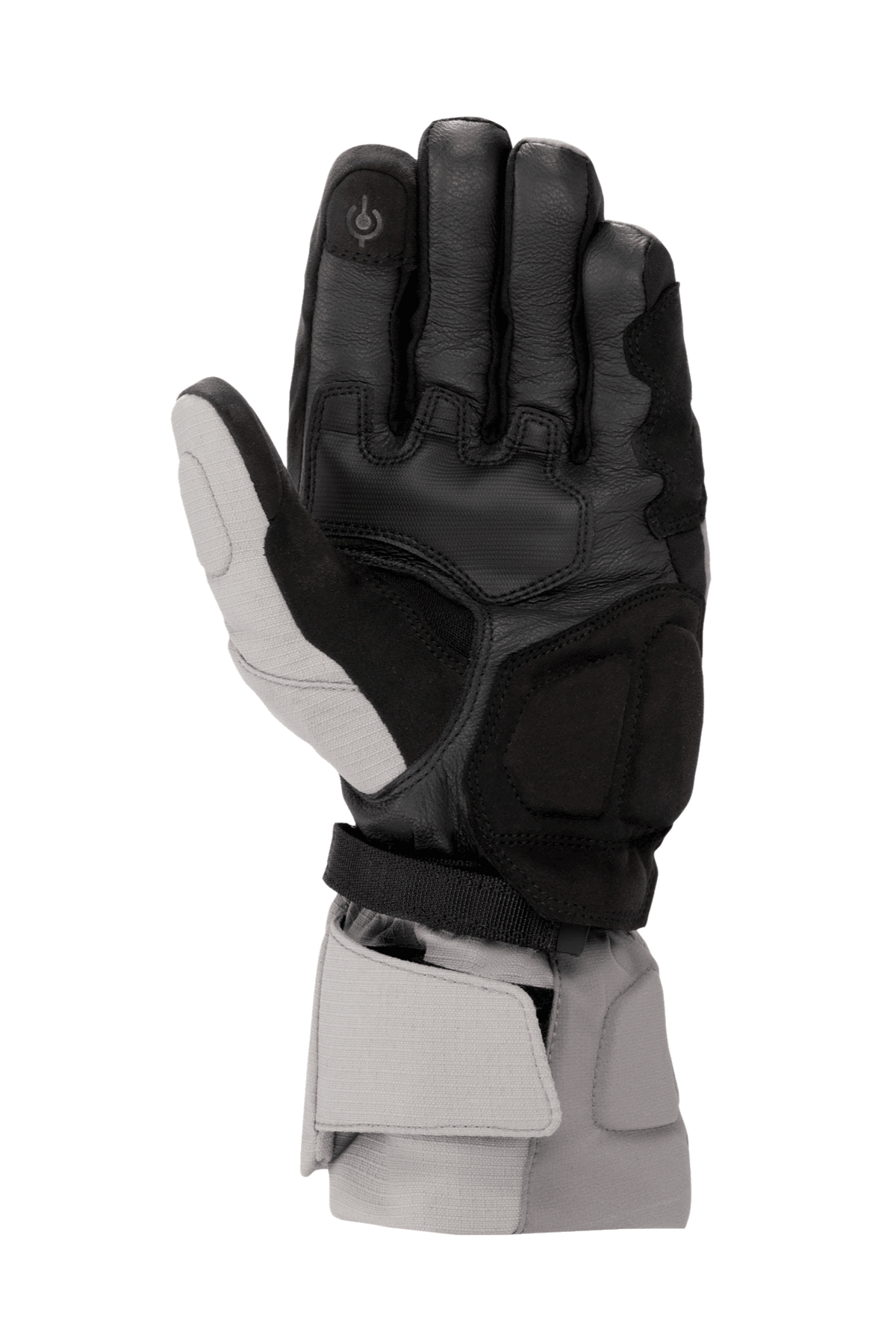 Alpinestars WR-X GORE-TEX Handschuhe, Winter-Motorradhandschuhe, Dunkelgrau, Ice Gray und Schwarz, Handflächenansicht mit Lederkonstruktion, Verstärkungen aus synthetischem Wildleder, Touchscreen-kompatibler Zeigefinger und lange Stulpe für Wetterschutz