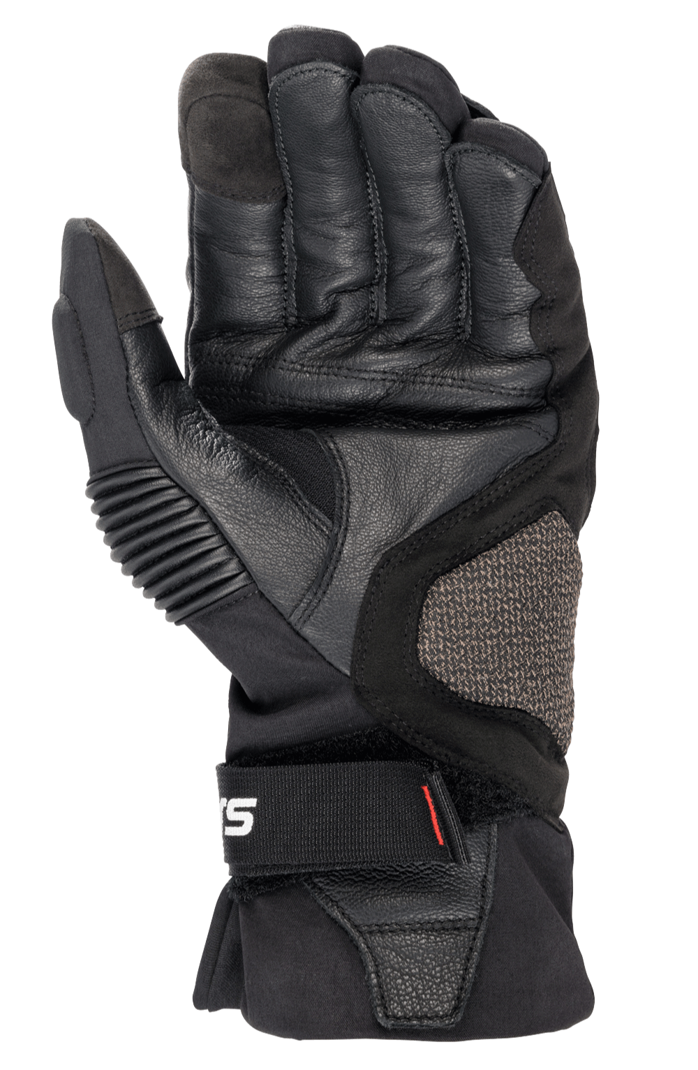 Alpinestars Boulder GORE-TEX handschoenen, zwart, motorhandschoenen, zicht op de handpalm met duurzame geitenleren constructie, gewatteerde versterkingen, ARshield zijpaneel en ergonomische polssluiting