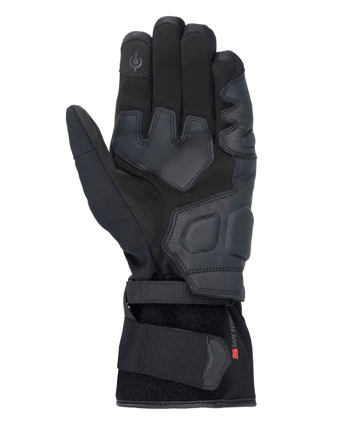 Alpinestars Tourer W-7 V2 Drystar® Handschuhe, schwarze Motorradhandschuhe, Handflächenansicht mit Lederverstärkungen, gepolsterten Griffbereichen, touchscreen-kompatibler Fingerspitze und sicherem Riemenverschluss am Handgelenk.