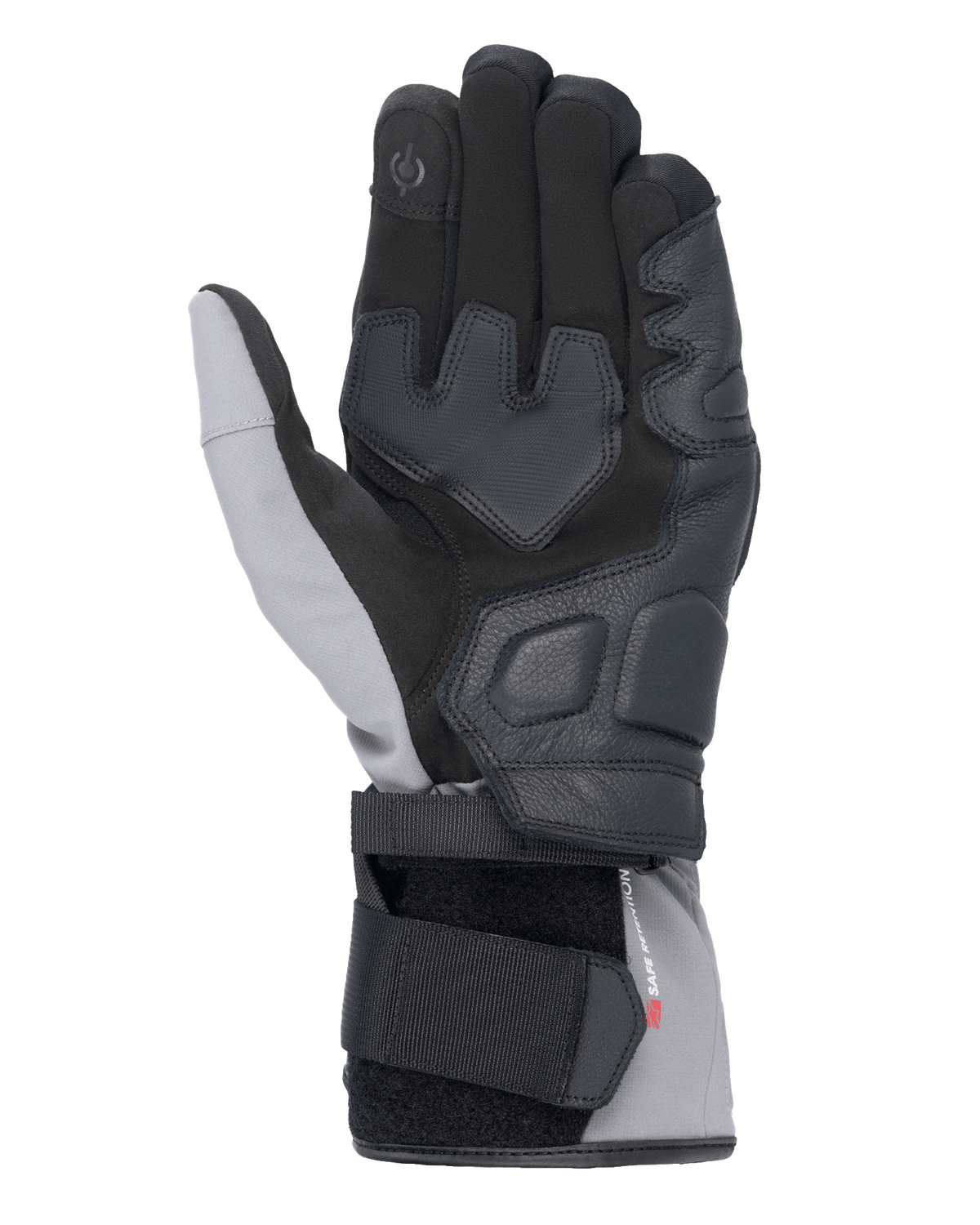 Alpinestars Tourer W-7 V2 Drystar® Gloves, palm view, Black and Dark Gray, winter motorcycle gloves featuring leather palm reinforcements, touchscreen compatible index finger, and dual-strap closure system for a secure fit