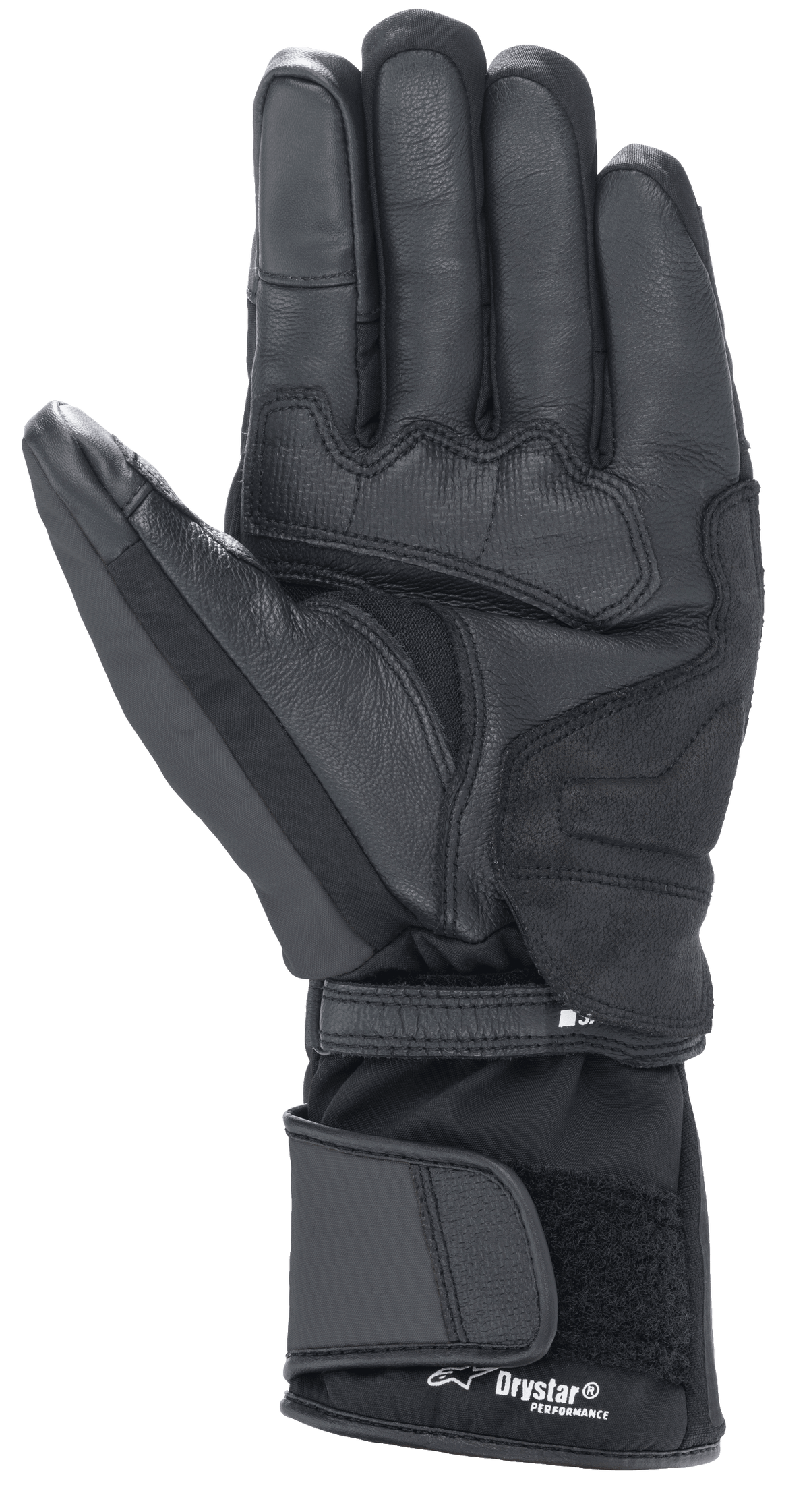 Alpinestars Denali Aerogel Drystar® Handschuhe, Schwarz, Handflächenansicht mit verstärkten Materialeinsätzen, strukturiertem Grip an den Fingern und verstellbarer langer Stulpe mit Drystar® Performance-Branding, Winter-Motorradausrüstung für Adventure-Touring