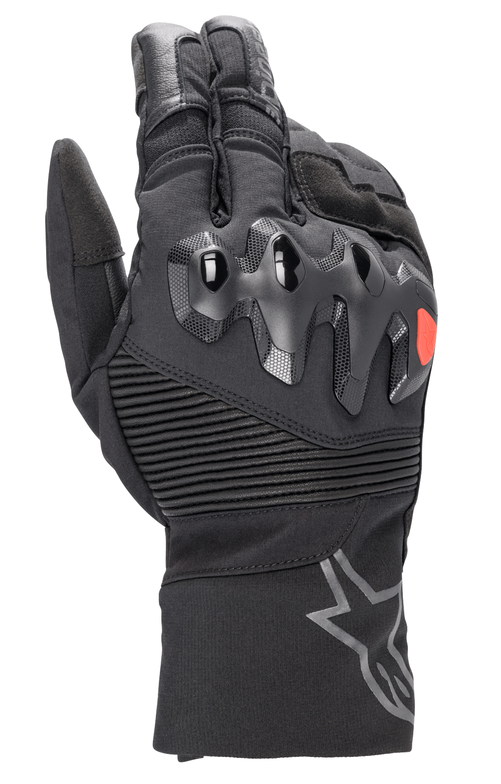 Alpinestars Bogota Drystar XF Gloves, full-length motorcycle touring gloves, black with a red logo accent, featuring over-injected knuckle protection, ribbed stretch wrist panels, and a long cuff with a grey star logo.