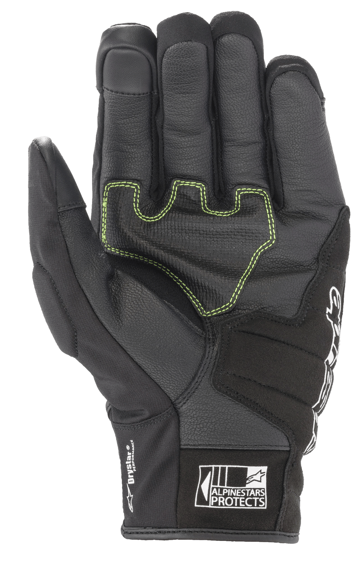 Alpinestars SMX Z Drystar® handschoenen, zwarte motorhandschoenen, handpalmaanzicht met neongroene contraststiksels op versterkt leer, 'Drystar Performance' branding aan de zijkant en 'Alpinestars Protects' logo op de manchet
