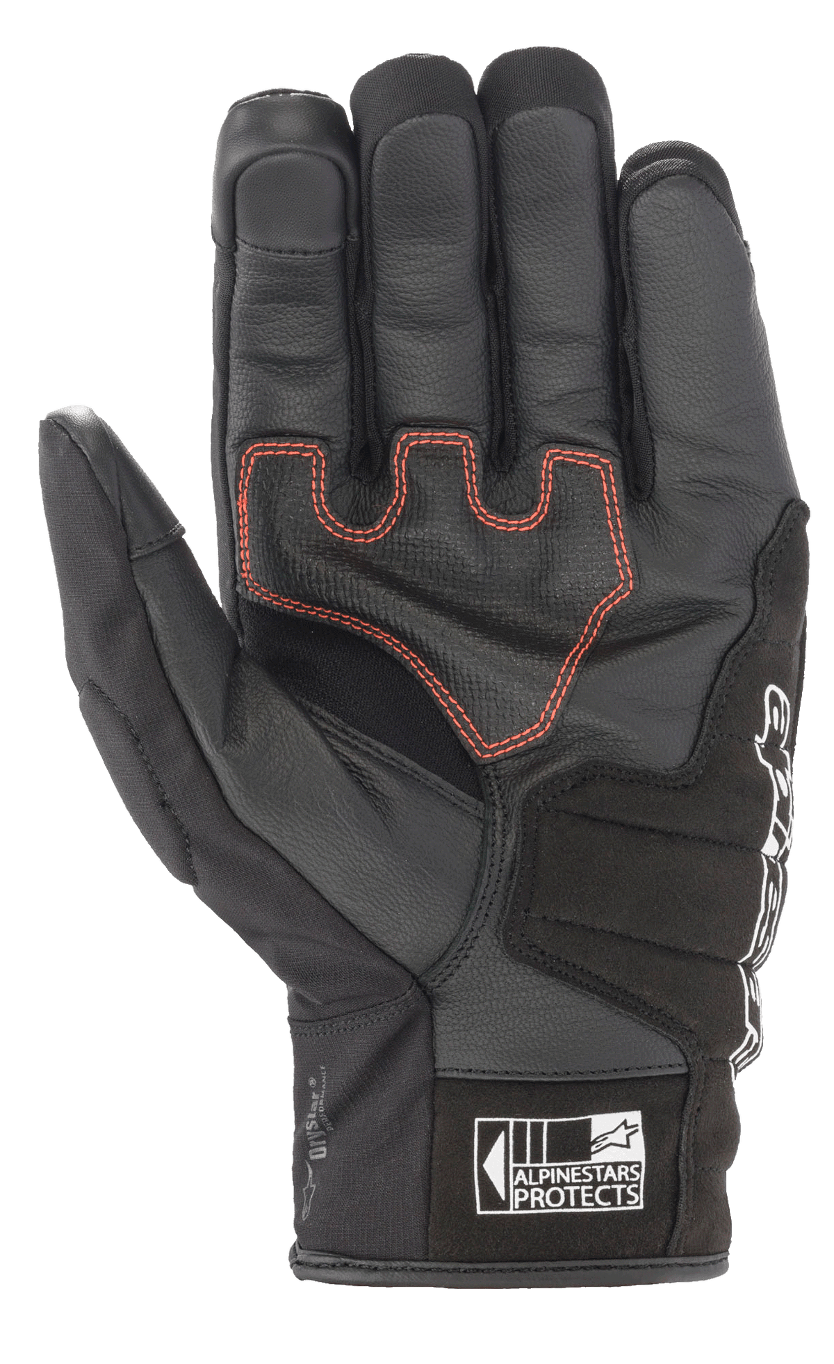 Alpinestars SMX Z Drystar® handschoenen, motorhandschoenen met korte manchet, zwart met rode contrasterende stiksels, zicht op de handpalm met lederen constructie en versterkte padding, voorzien van het Alpinestars Protects-logo op het manchet