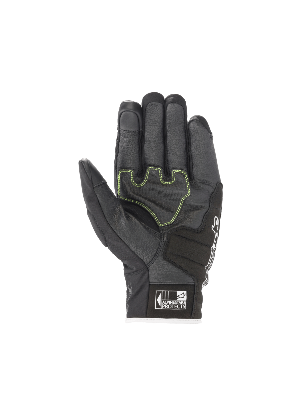 Alpinestars SMX Z Drystar handschoenen, zwarte waterdichte motorhandschoenen van geitenleer met fluo accenten.