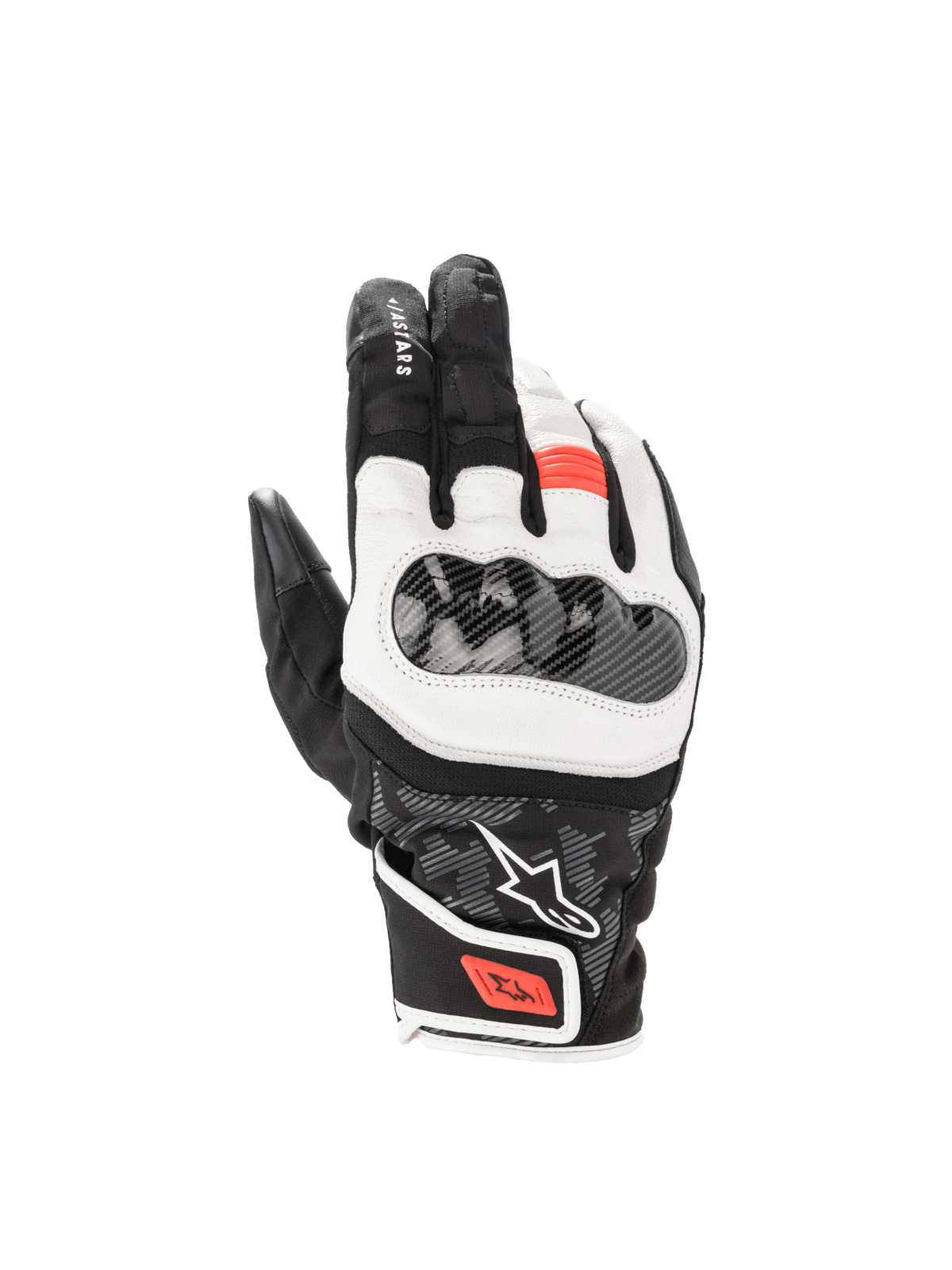 Alpinestars SMX Z Drystar handschoenen, waterdichte motorhandschoenen in zwart wit en rood fluo met harde knokkelbescherming.