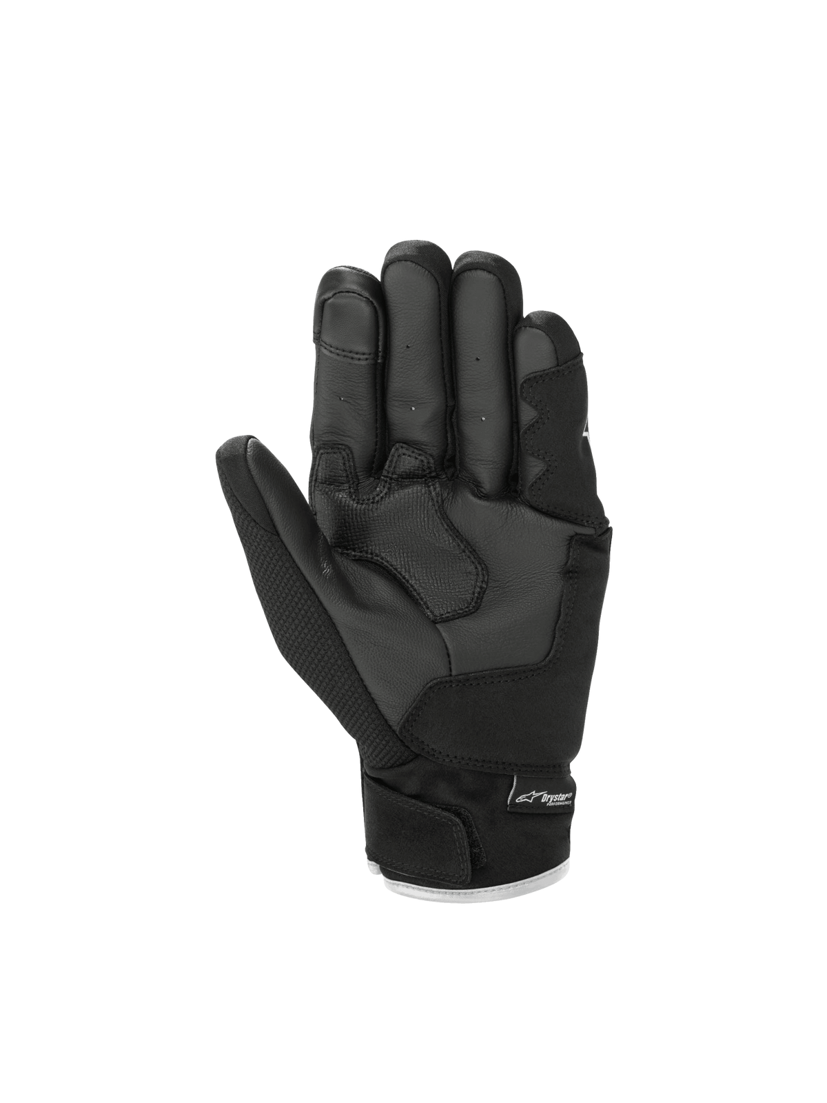 Alpinestars S-Max Drystar® handschoenen, waterdichte sportmotorhandschoenen met leren palm en kort manchet, zwart, handpalmweergave met touchscreen-compatibele vingertop.